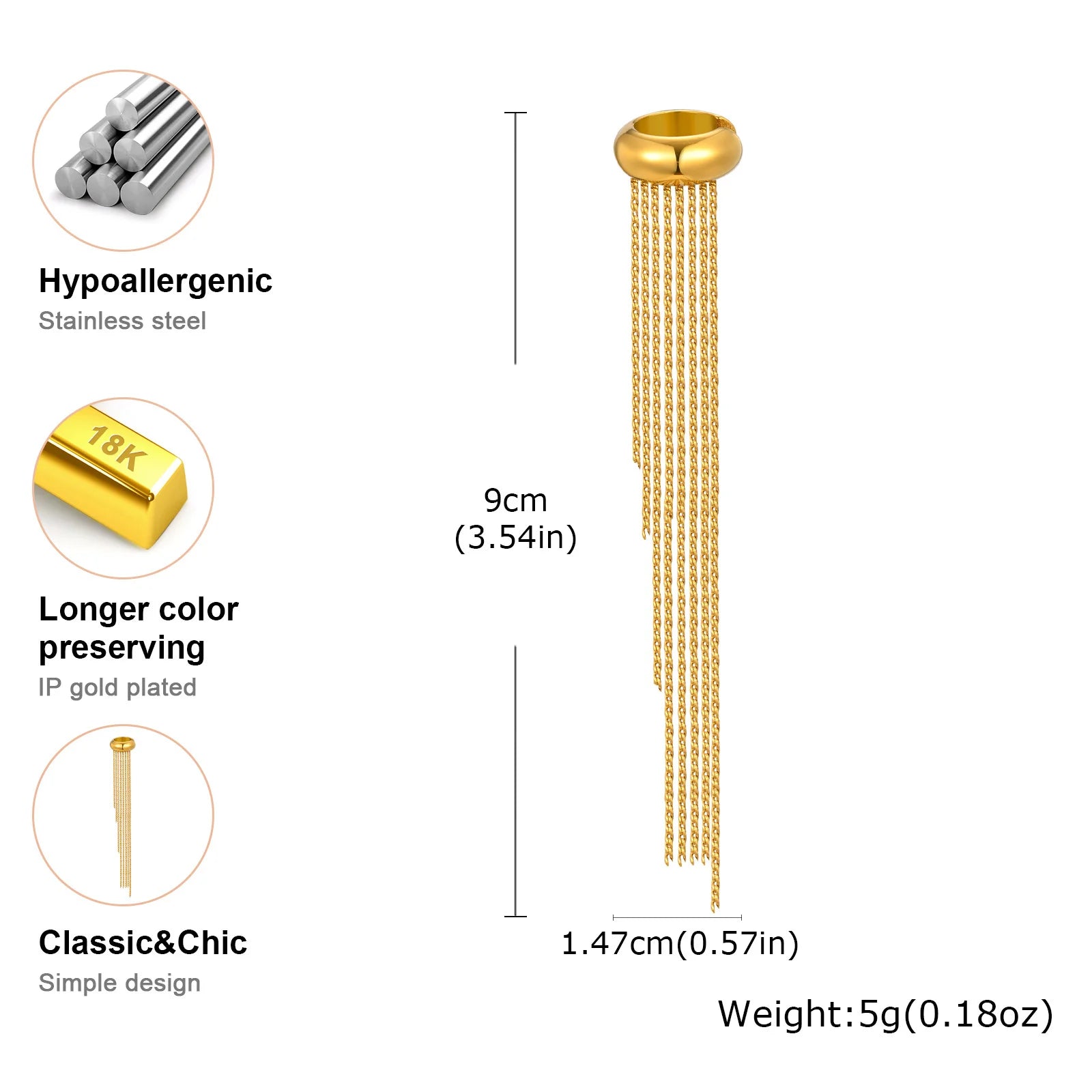 Stainless Steel Tassel Ear Clip for Women, Statement Drop Pendant Ear Bone Clips Waterproof Anti Allergic Jewelry 1Piece