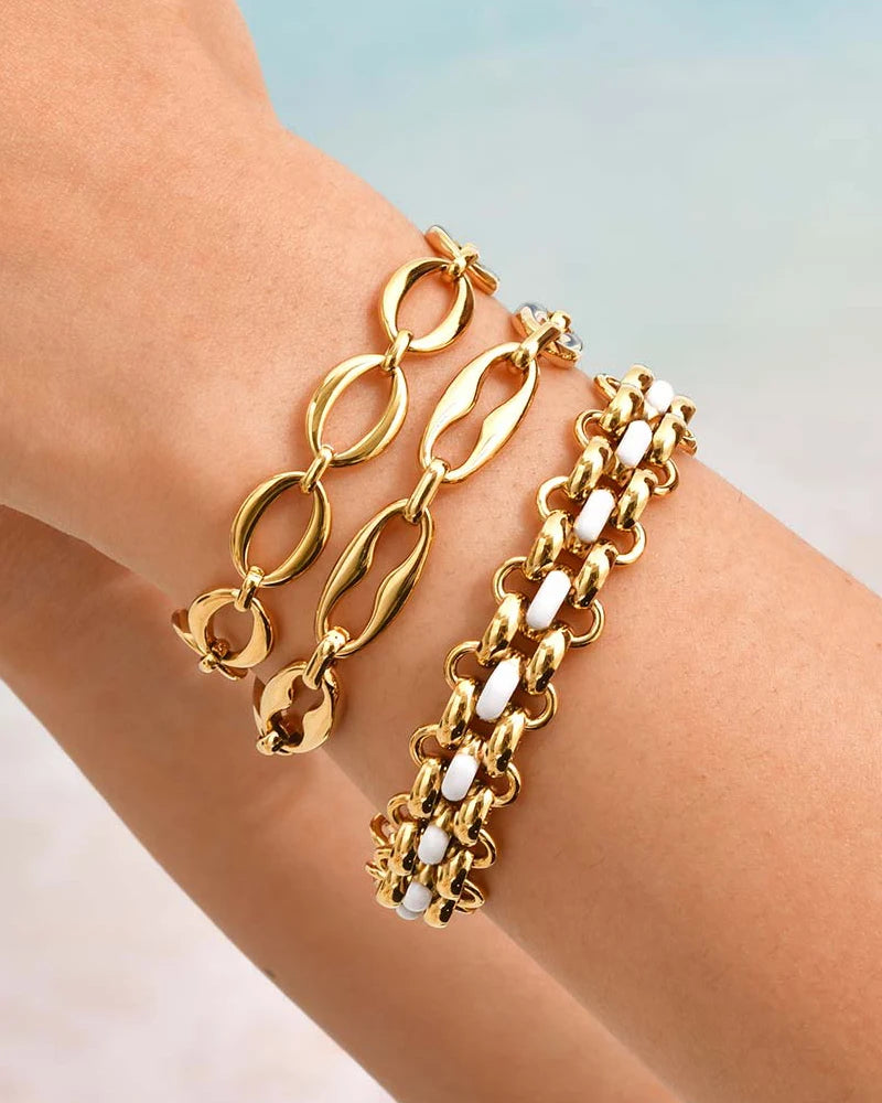 Chunky Braceket Stack, Stainless Steel Chain Bracelet for Women, 18k Gold Plated Link Jewelry Waterproof