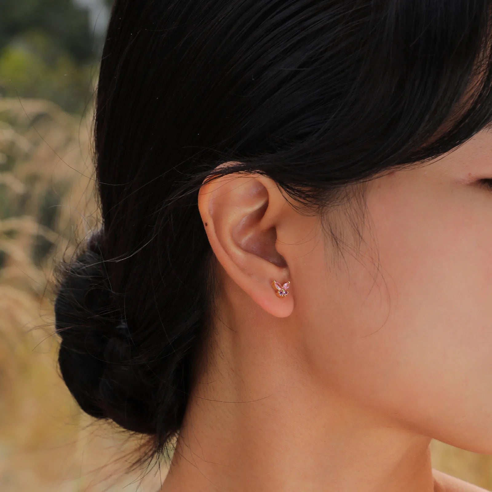 Bling CZ Stone Butterfly Stud Earrings for Women Girls, Trendy Gold Color Anti Allergy Metal Cubic Zirconia Ear Jewelry