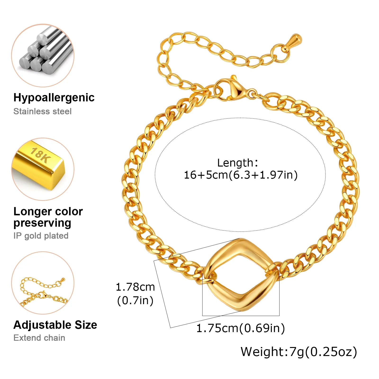 Elegant Minimalist Cuban Chain Bracelet for Women, Adjustable Hollow Geometric Stainless Steel Fashion Jewelry