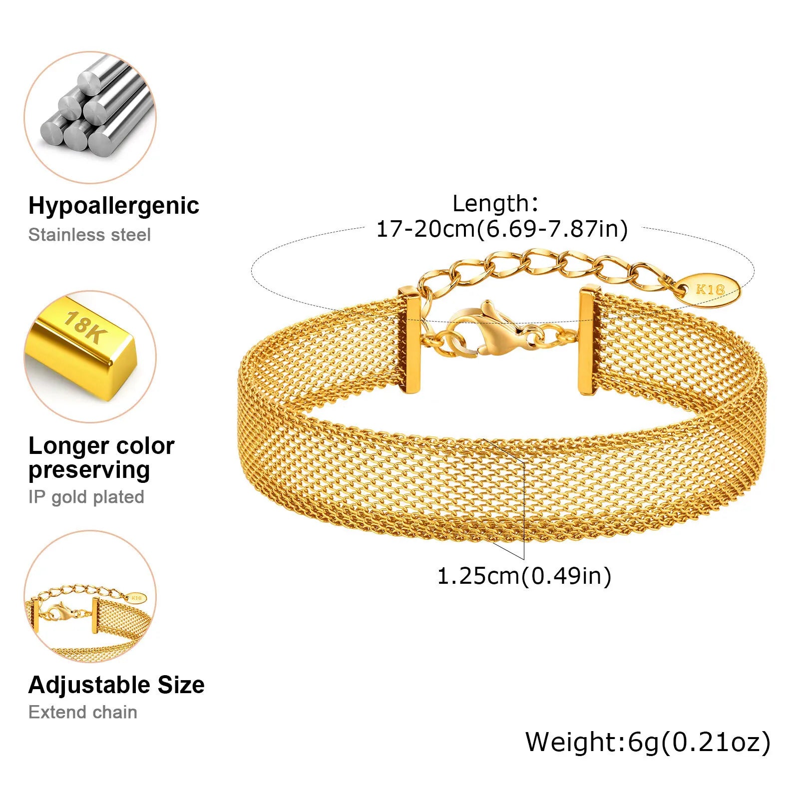 Wide Brand Stainless Steel Mesh Link Chain Bracelet For Women, Adjustable Wirst Jewelry Non Tarnish Waterproof