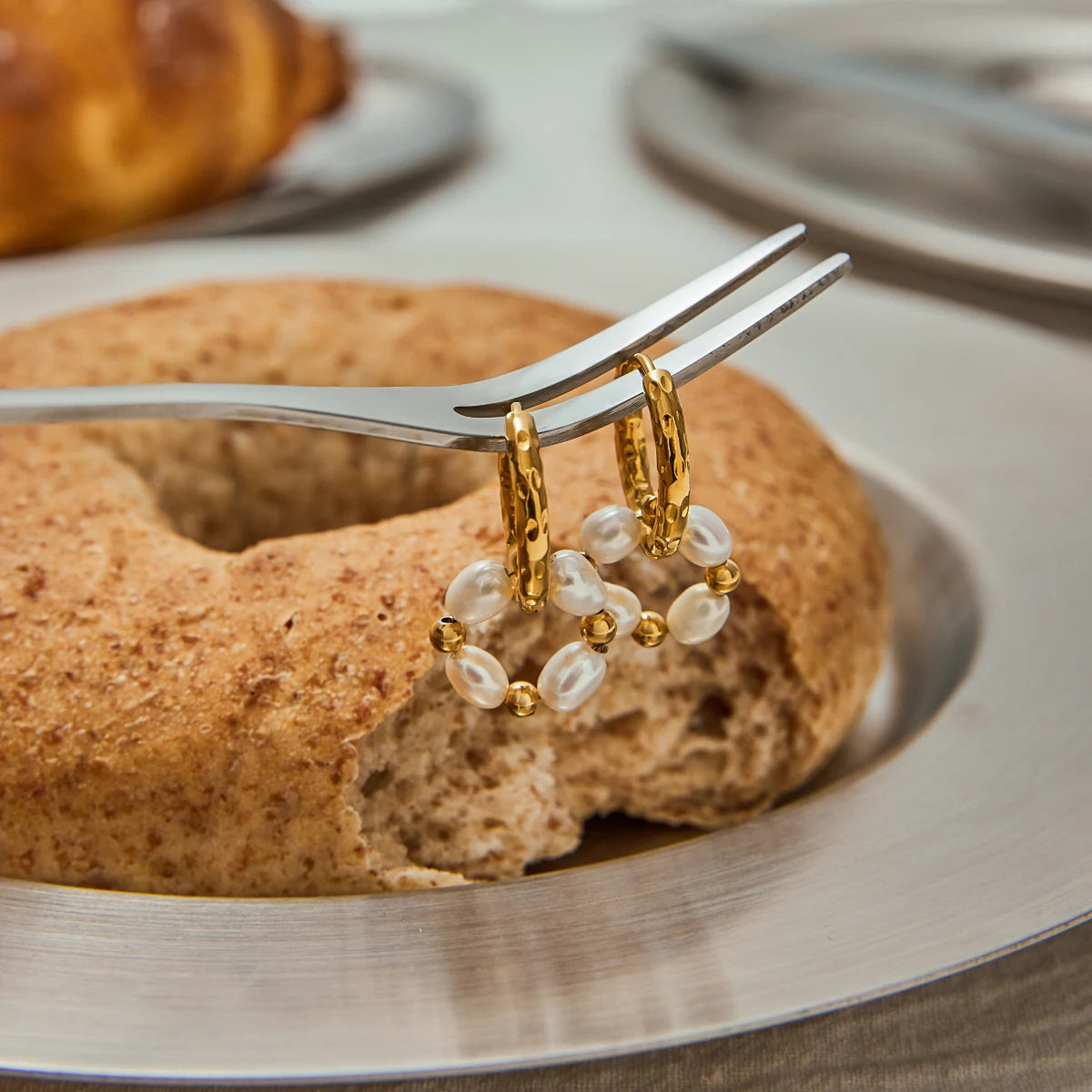 Uworld Elegant Style 18K Gold Color Plated Stainless Steel Freshwater Pearl Double Ring Earrings Women's Jewelry Gift for Her