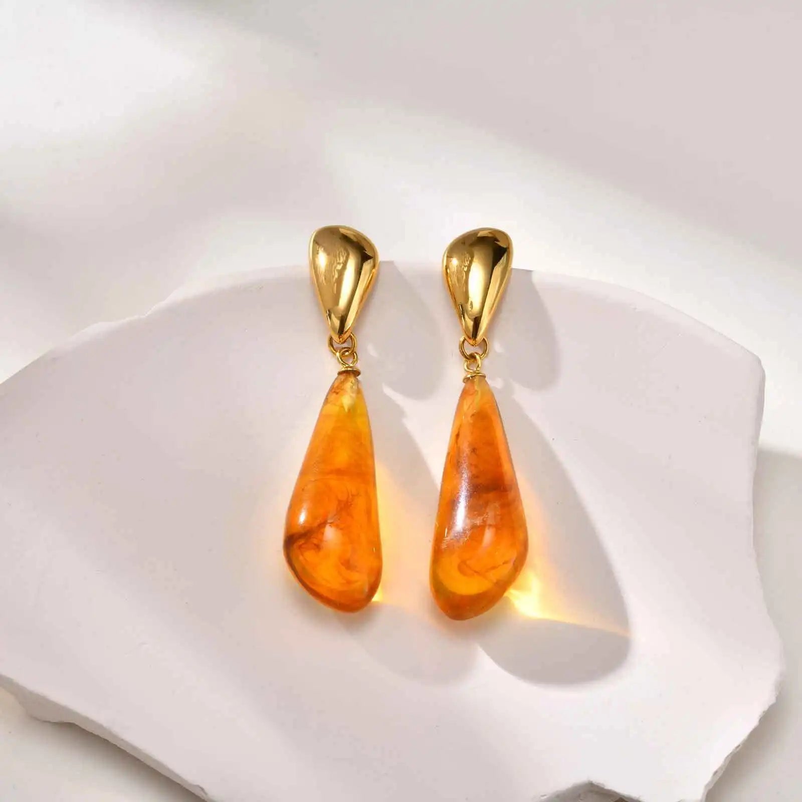 Water Drop Statement Earrings for Women, Resin Amber-colored Teardrop Dangle Earring