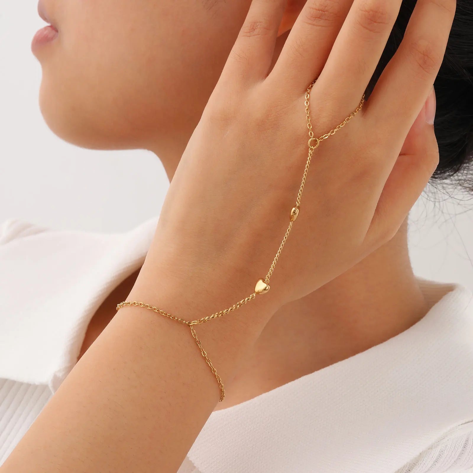 Stainless Steel Imitation Pearl Finger Ring Charms Bracelets for Women Bead chain zircon Mittens Tassel Bracelet Jewelry Gifts