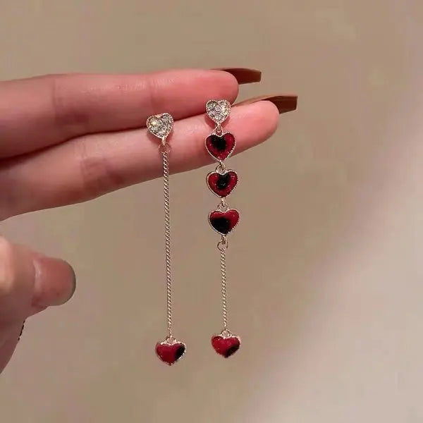 Exquisite Full Rhinestone Red Love Heart Drop Earrings For Women Luxury Shiny Zircon Tassel Long Earring Daily Party Jewelry