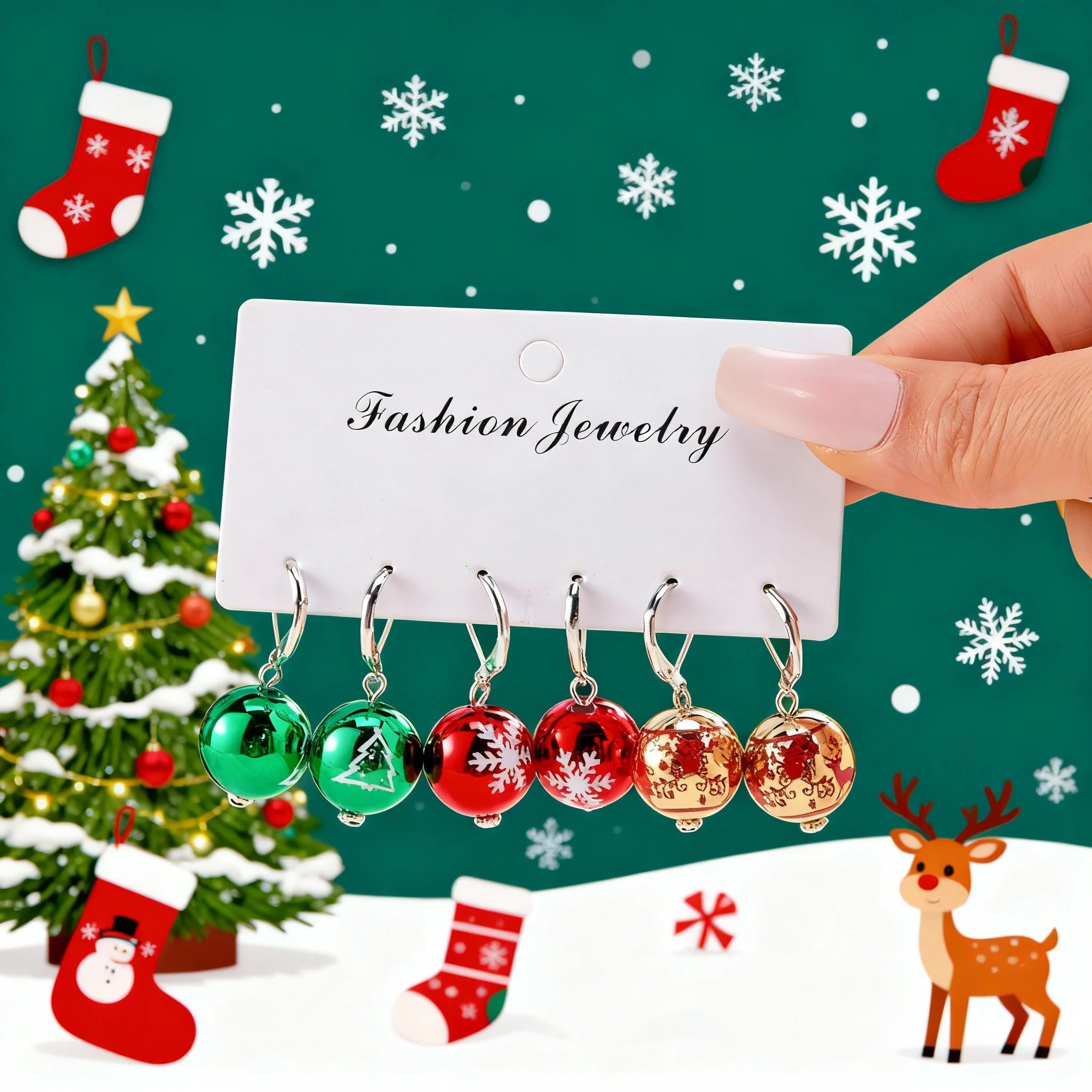 Creative Christmas Resin Ball Earrings Set For Women Red Green Round Ball Snowflake Xmas Tree Dangle Earring New Year Jewelry