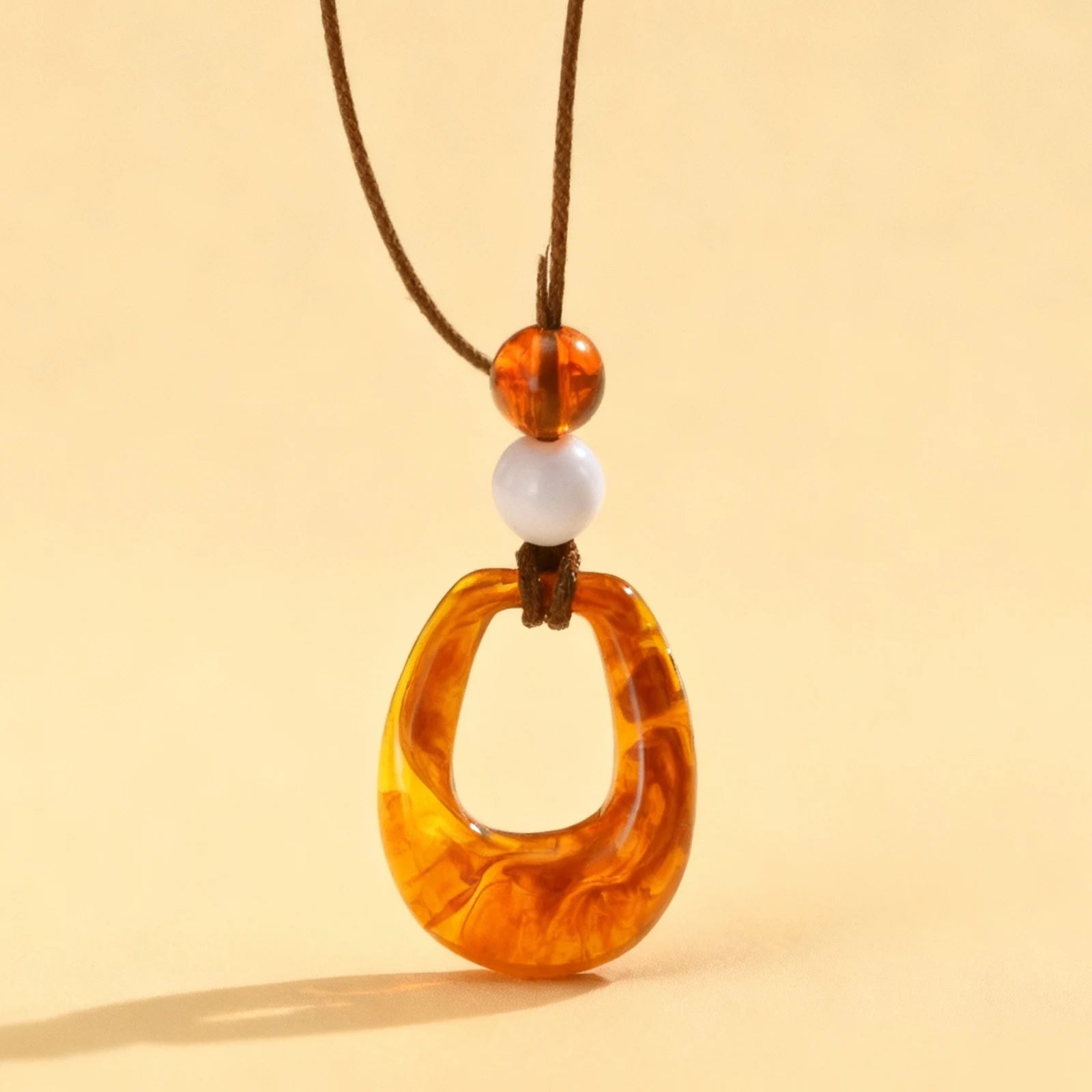 Vintage Amber Resin Geometric Pendant for Women,Ball Hollow U-Ring Wax Chain Rope Necklaces,Simple Charm Sweater Jewelry Gifts