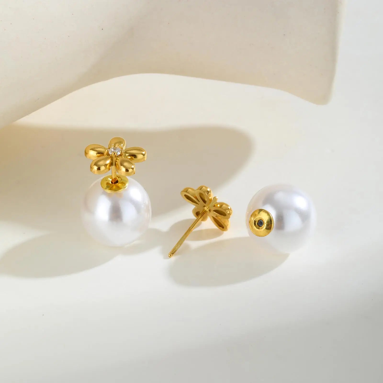 Elegant Zircon Flowers Imitation Pearl Stud Earrings for Women,Gold Color Stainless Steel Earrings,Fashion Jewelry Gifts