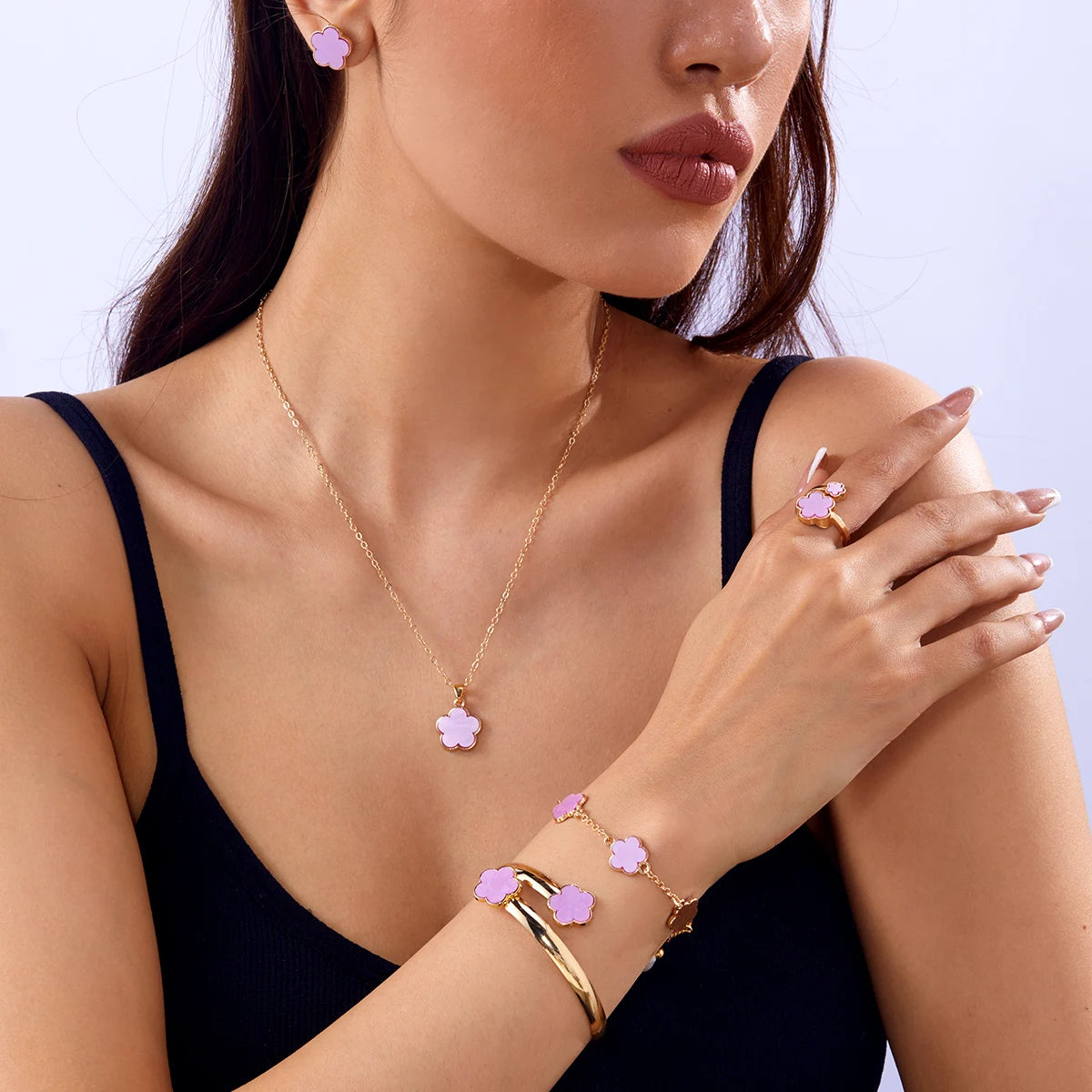 5pcs/set Lucky Five Leaf Flower Necklace Bracelet Earrings Ring Set for Women Colorful Enamel Plum Blossom Jewelry Party Gifts