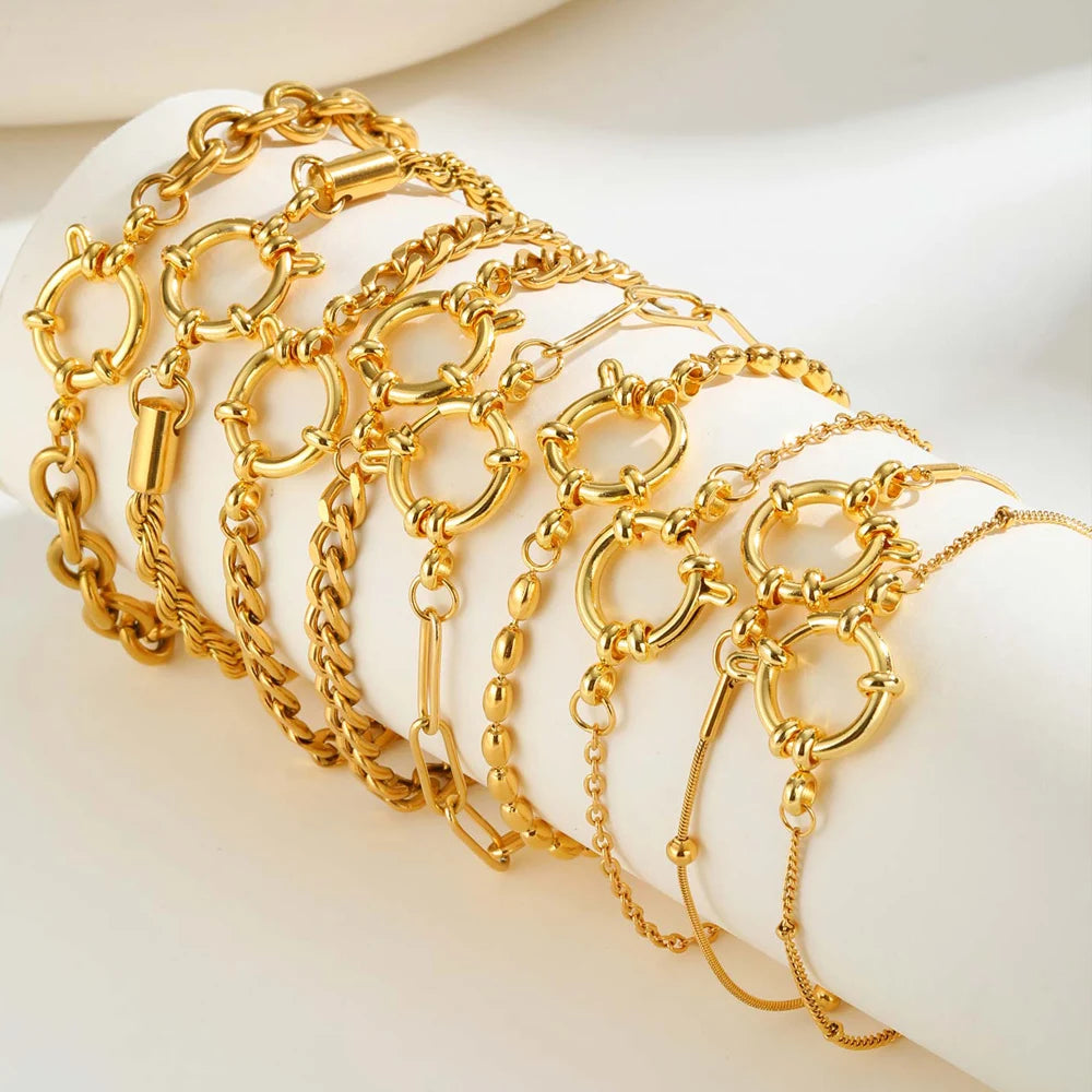 18k Gold Plated Braclet for Women, Spring Ring Clasp Bracelet, Stainless Steel Cuban/Paperclip/Snake/Rope Twist Chain Wirstband