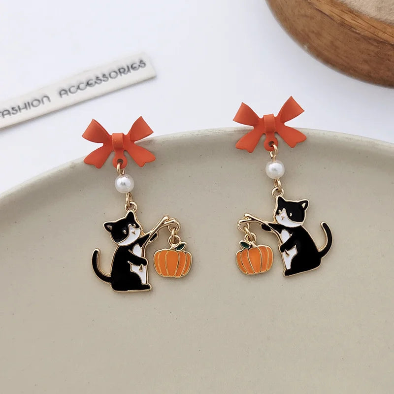 Cute Ghost Pumpkin Dangle Earrings for Women Cartoon Asymmetrical Star Crystal Long Tassel Earrings Halloween Christmas Jewelry