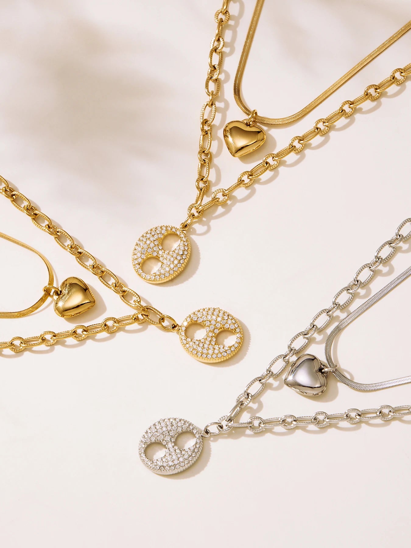 Nivora Cubic Zirconia Pig Nose Ring Women Necklaces Stainless Steel Heart Double Chain PVD Gold Plated Collar Choker Jewelry