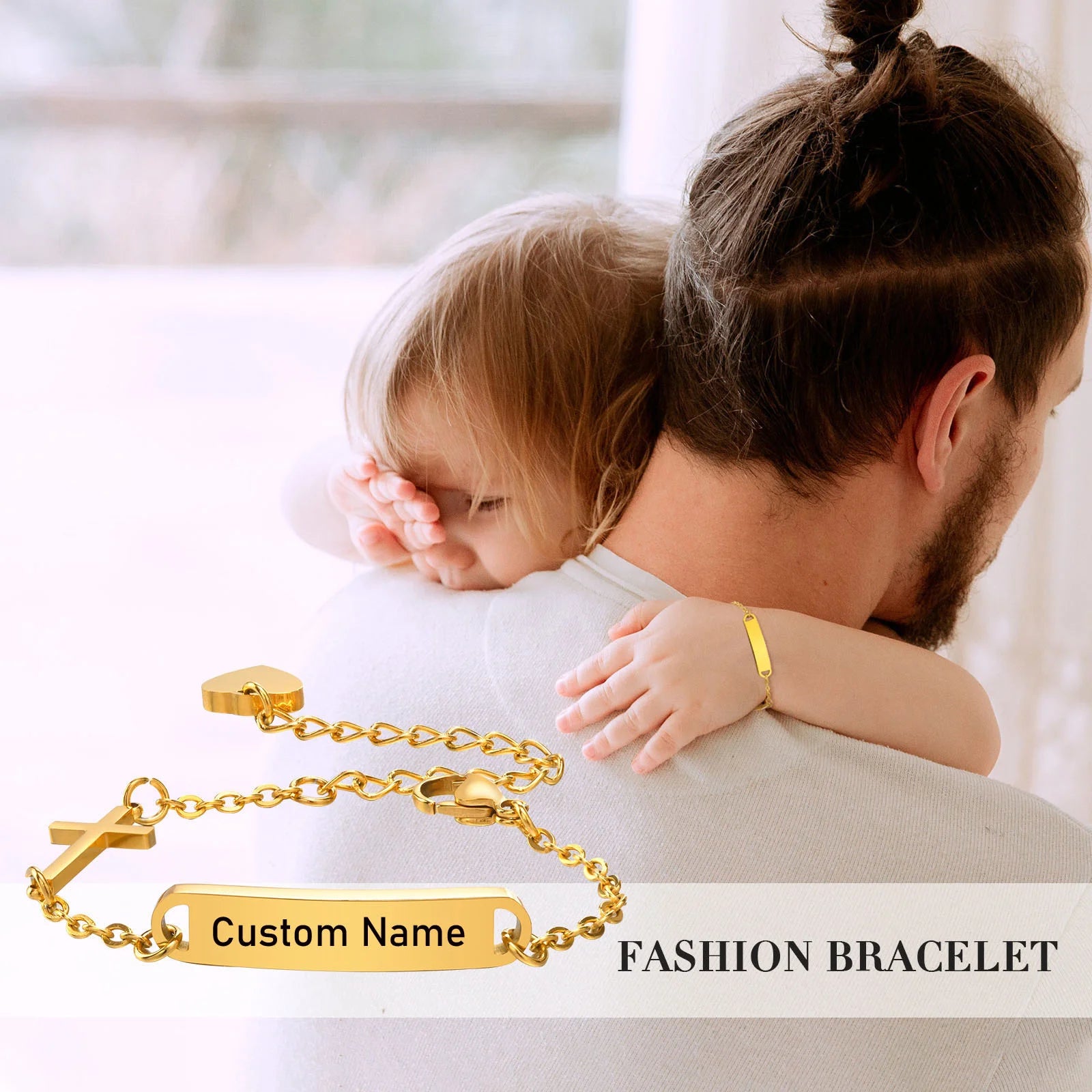 Personalized Stainless Steel ID Cross Bracelet for Girl Boy Gold Plated, Customized Nameplated Baptism Gift