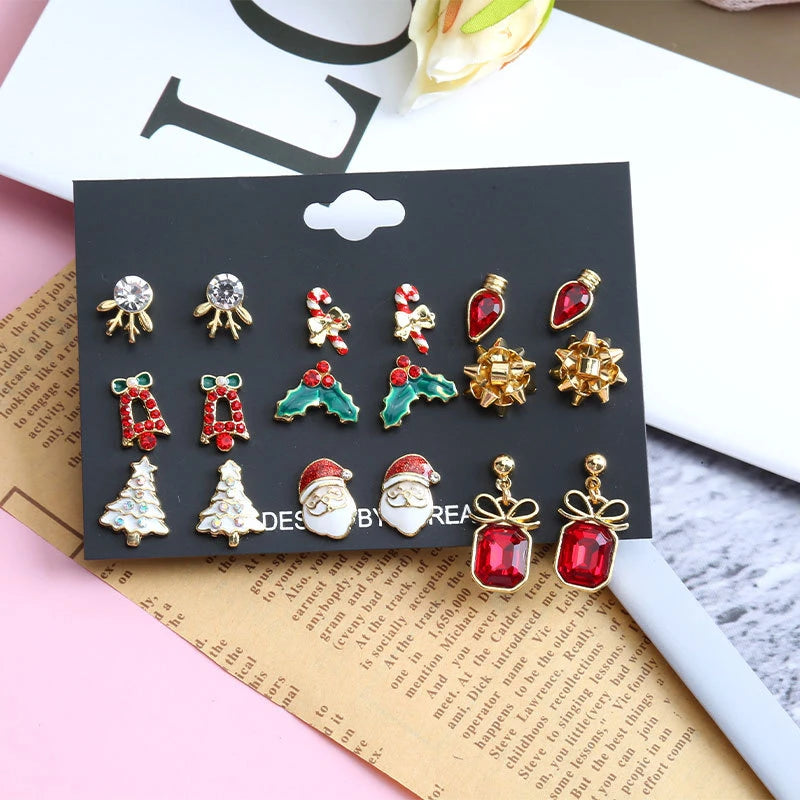 6/12 Pair Christmas Combination Earrings Set for Women Shiny Zircon Xmas Tree Snowflake Santa Claus Earring Girl Party Jewelry