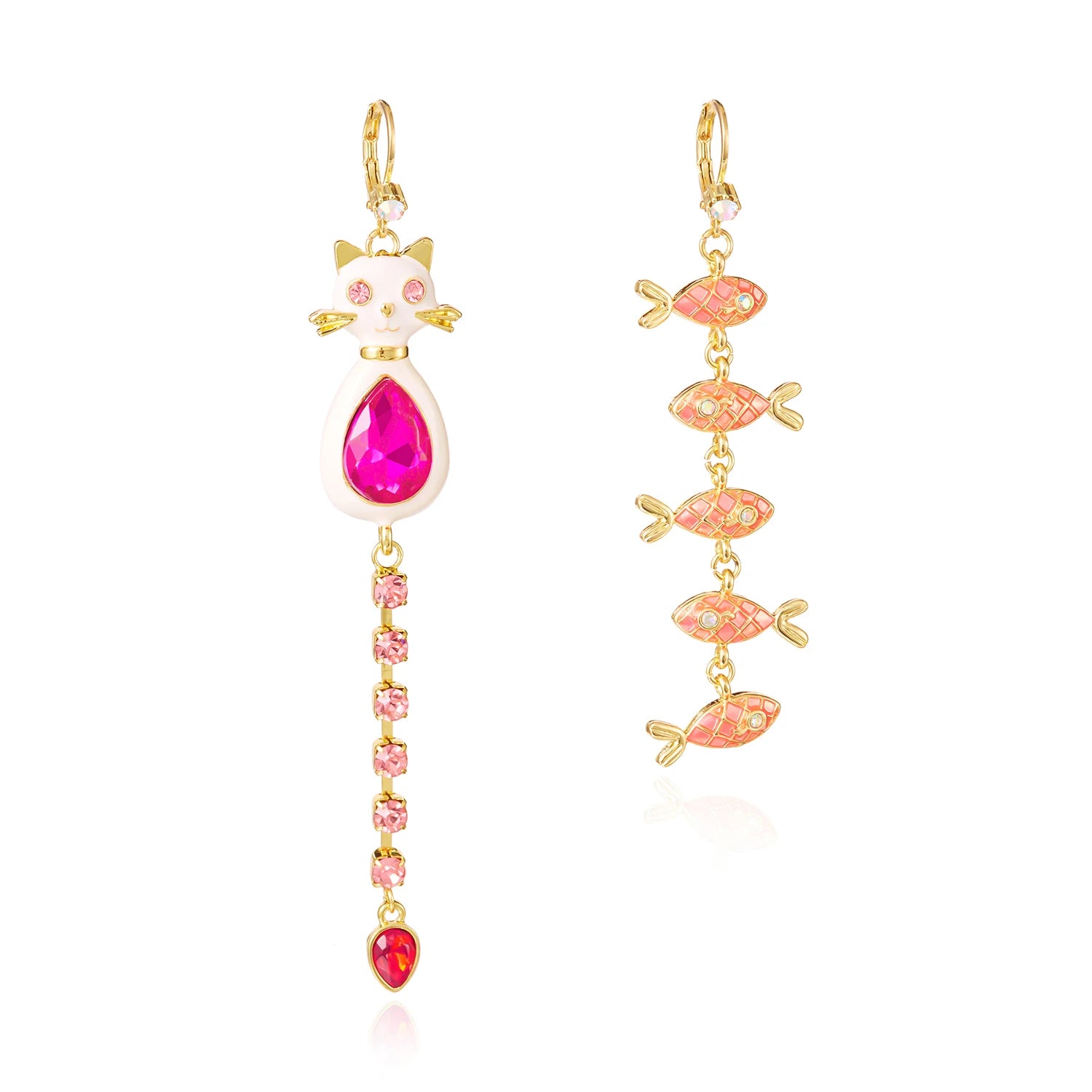 Shiny Rhinestone Kitten Fish Dangle Earrings For Women Asymmetric Long Tassel Cute Cat Fish Cartoon Earring Girls Party Jewelry