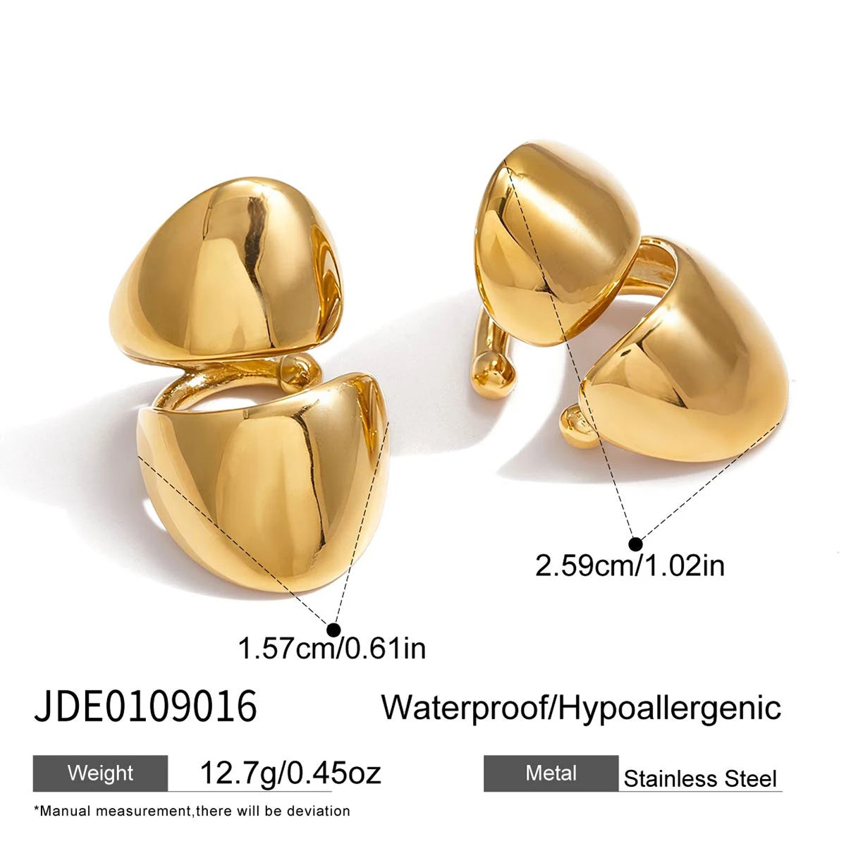 Uworld Classic 18K Plated Gold Color Wide-Faced Double-Layer Ear Clip Earrings Women Waterproof Stainless Steel Earring Jewelry