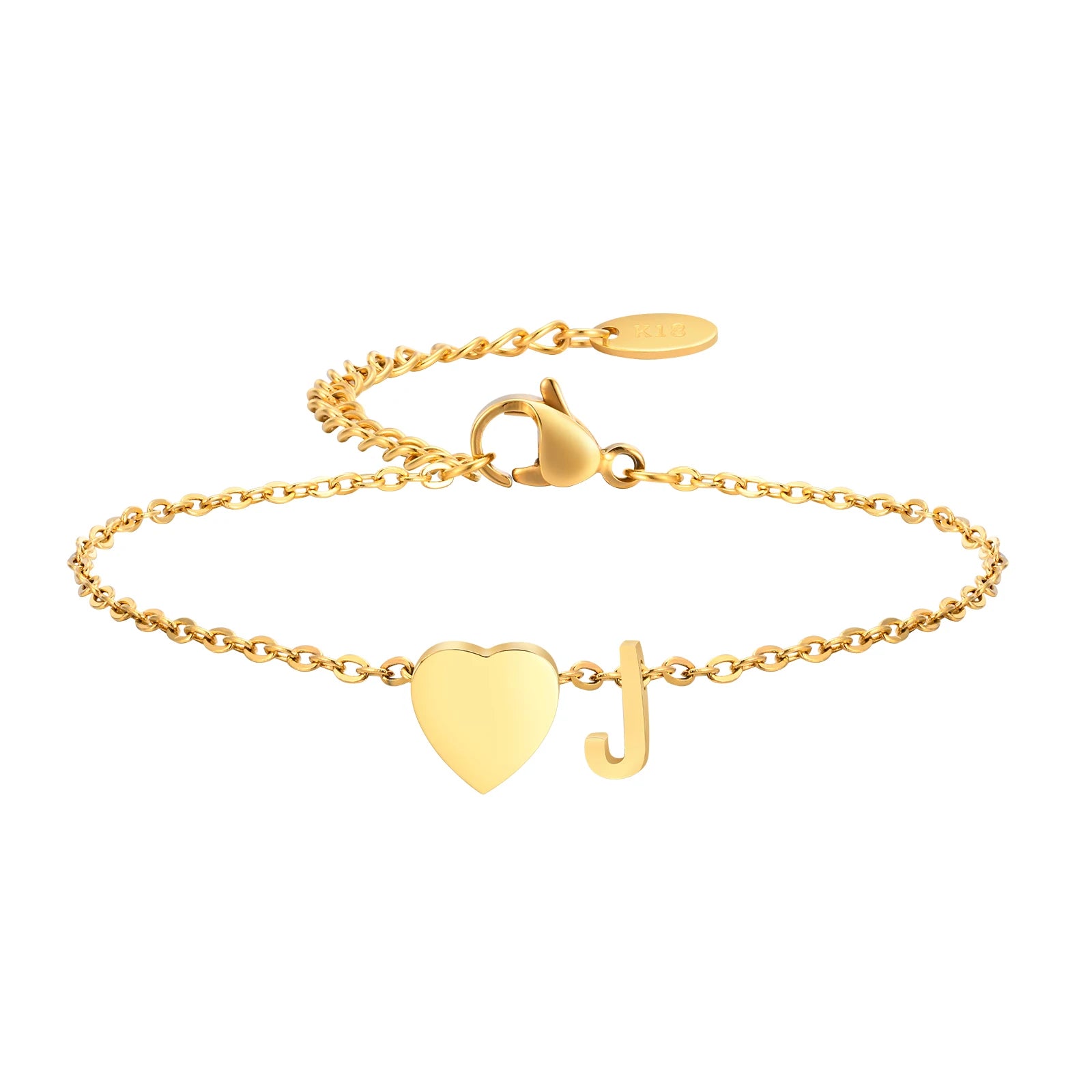 Dainty 26 Letters Initial A-Z Heart Chain Bracelets for Women Lady, Gold Color Plating Stainless Steel Cable Charm Wristband