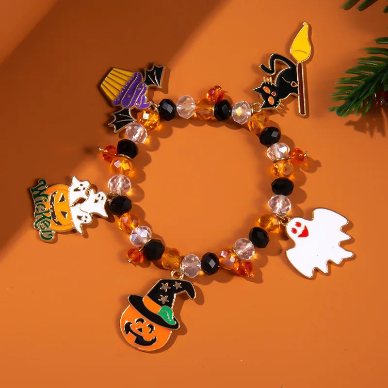 Funny Halloween Crystal Beaded Bracelet for Women Cartoon Pumpkin Black Bat Ghost Spider Web Beads Bracelets Party Jewelry Gift