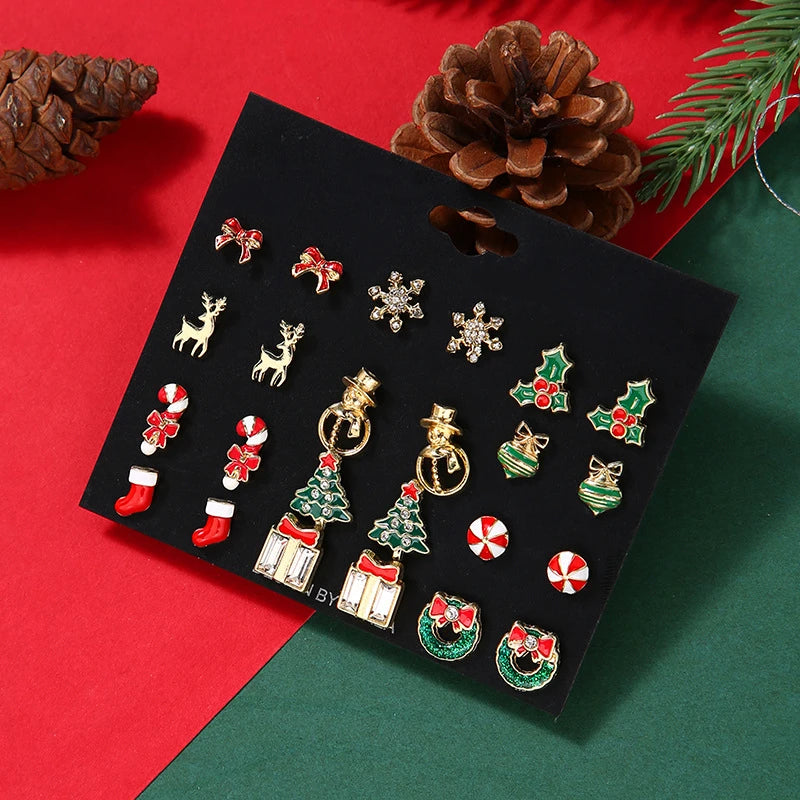 6/12 Pair Christmas Combination Earrings Set for Women Shiny Zircon Xmas Tree Snowflake Santa Claus Earring Girl Party Jewelry