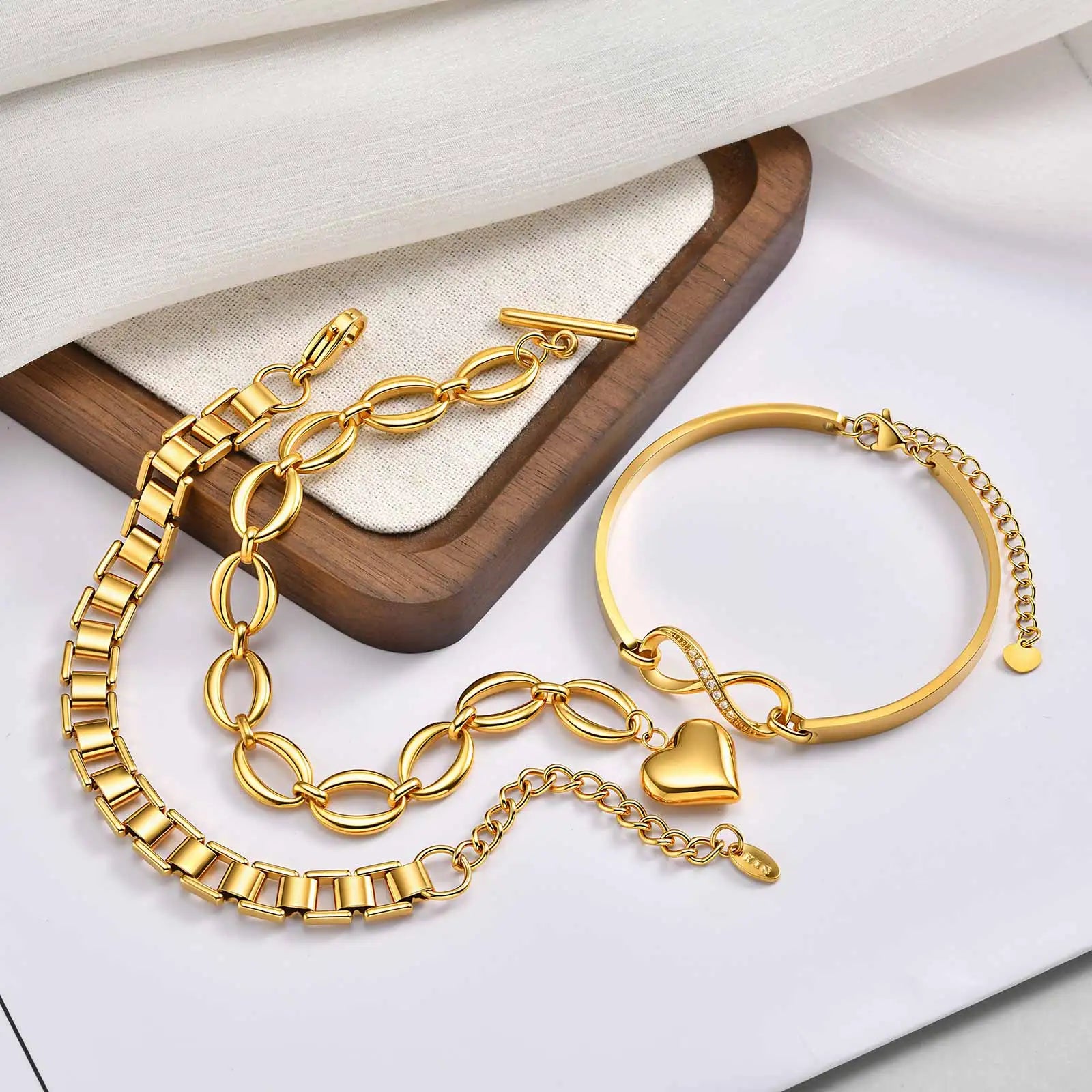 Tarnish Free Stainless Steel Stackable Chain Bracelet for Women, Statement Chunky Gold Plated Bracelet Layer Jewelry