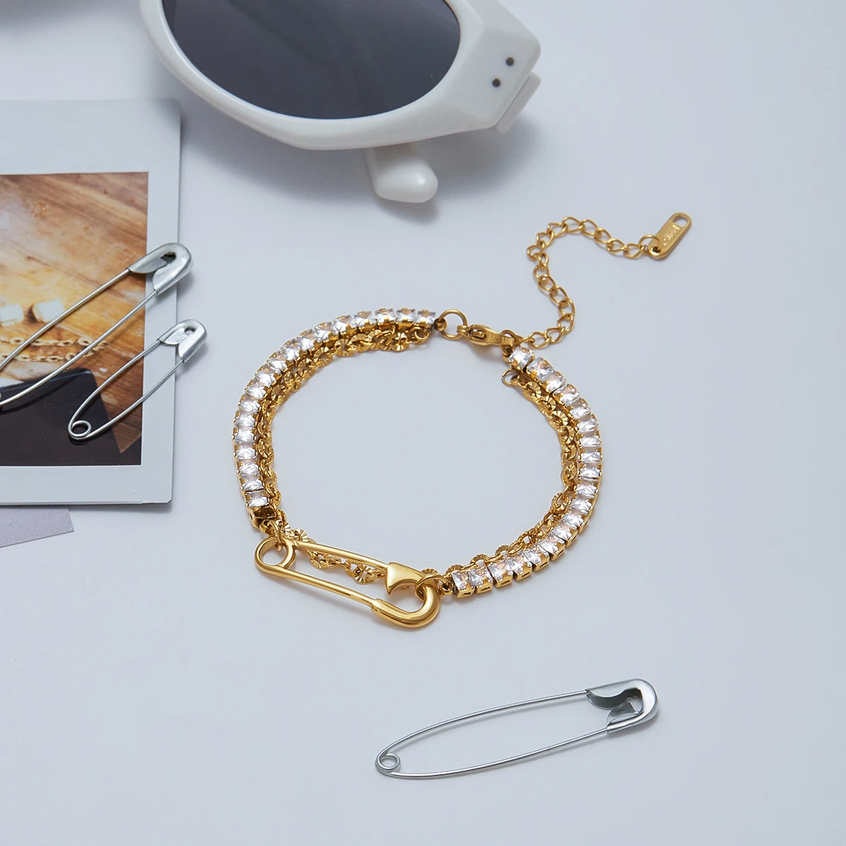 Uworld Simple Classic Square White Zircon Bracelet Paper Clip Double layer Bracelet Stainless Steel Chain Women's Jewelry Party