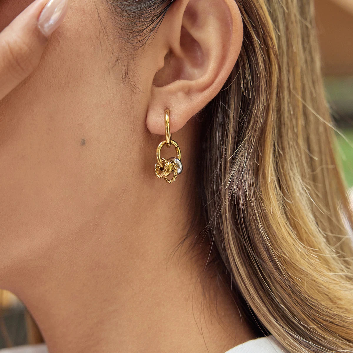 Uworld Classic Gold And Silver Color-block Multi-ring Pendant Earring Women 18K PVD Plated Stainless Steel Earrings Jewelry