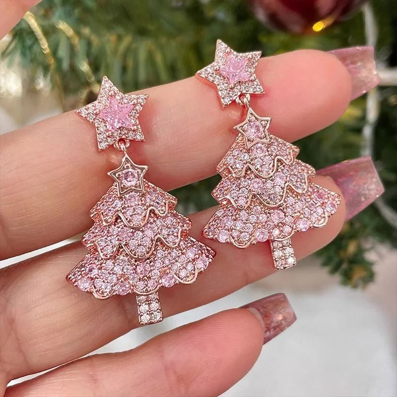 New Sweet Pink Christmas Tree Earring for Women Full Rhinestone Sparkling Zircon Xmas Tree Dangle Earring New Year Party Jewelry