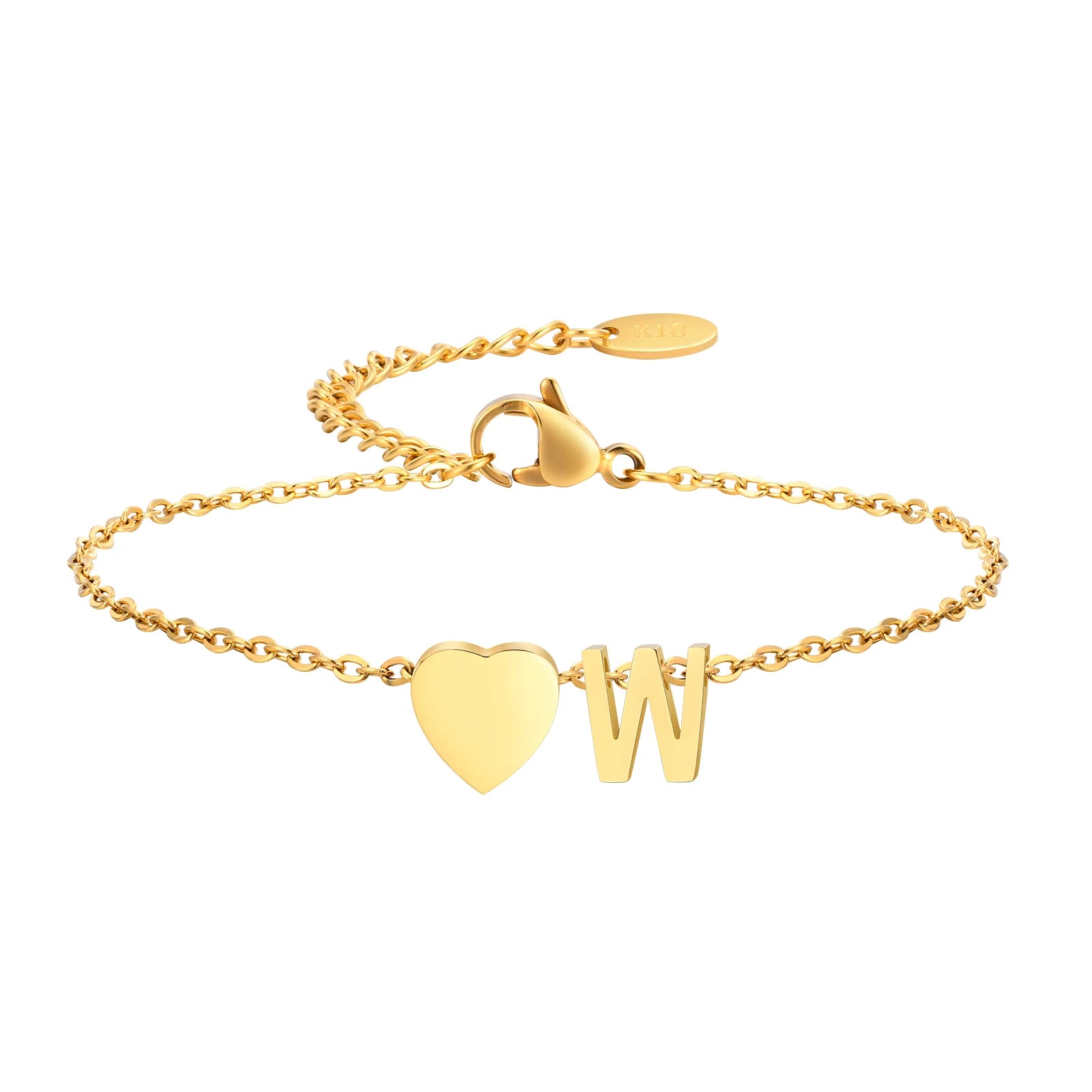 Dainty 26 Letters Initial A-Z Heart Chain Bracelets for Women Lady, Gold Color Plating Stainless Steel Cable Charm Wristband