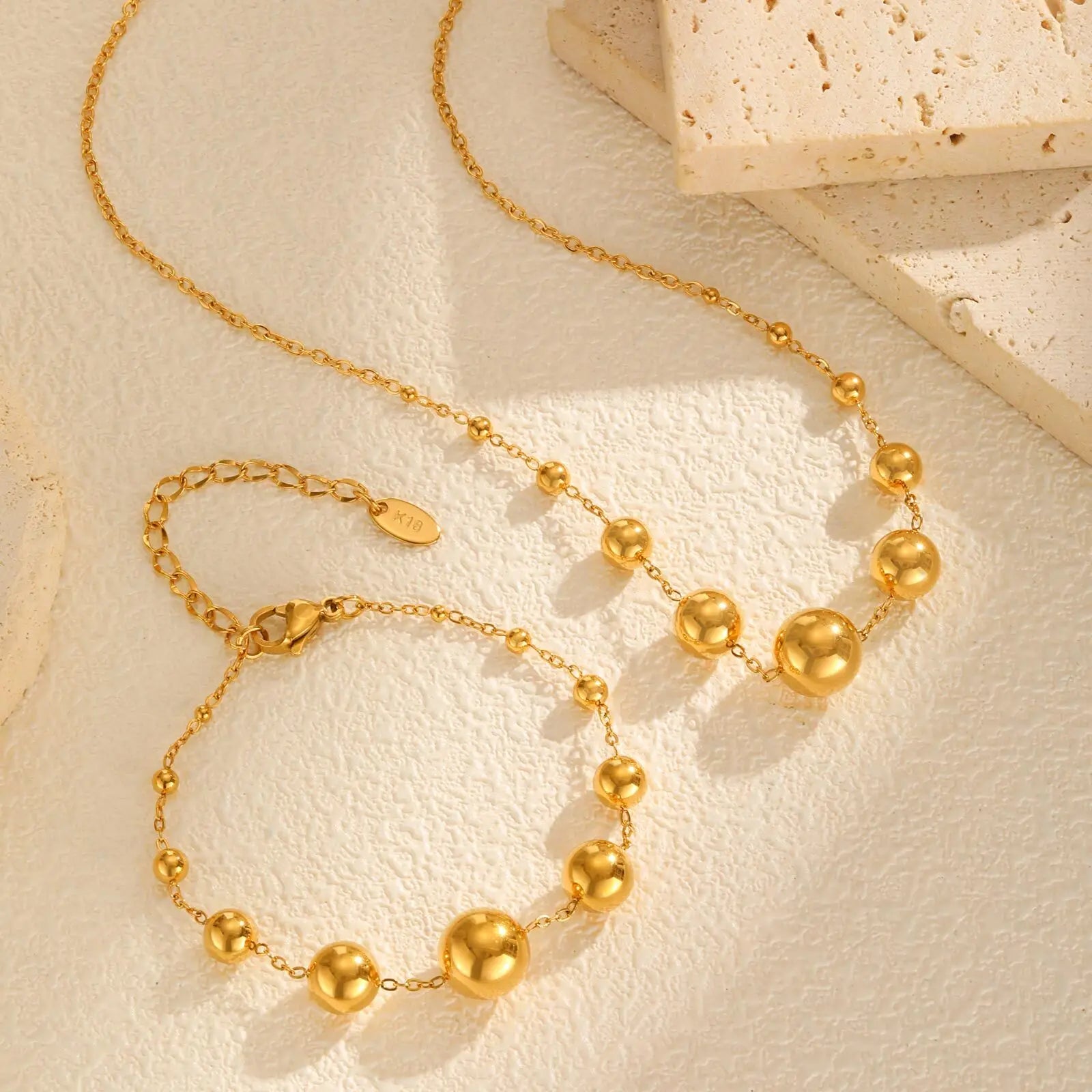 Stainless Steel Round Ball Beads Chain Bracelet for Women, 18K PVD Gold Plated Statement Waterproof Hand Wrist Jewelry