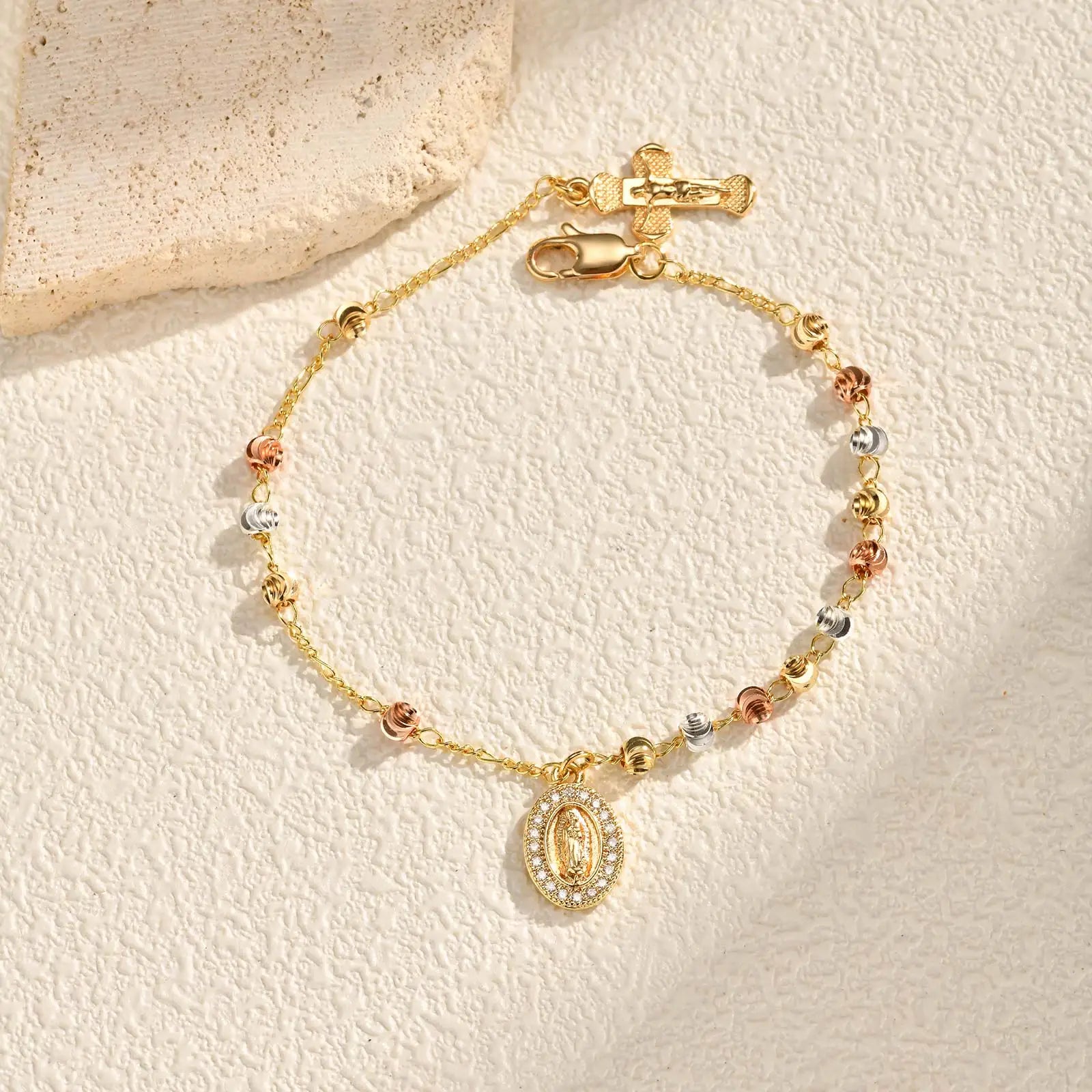 Zircon Virgin Mary Religious Bracelet for Women, Tricolor Beaded Golden Cross Rosary Catholic Bracelet, Baptism Jewelry