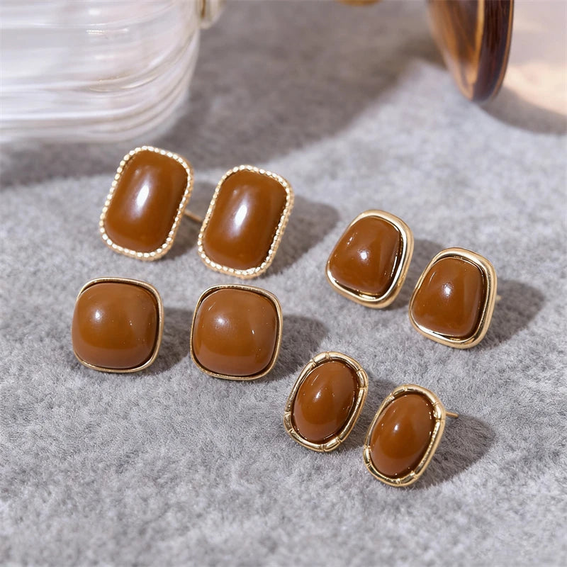 4/5 Pair Vintage Enamel Wine Red Metal Stud Earring Set For Women Fashion Pearl Flower Heart Geometric Square Earrings Jewelry