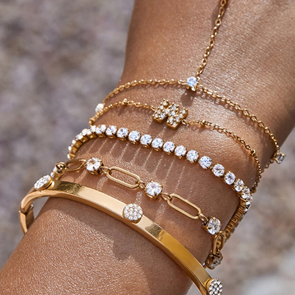 Uworld Simple Classic Style 18K Gold Color Plated Stainless Steel Round Zircon Tennis Chain Bracelet Stackable Chain Necklace Wo