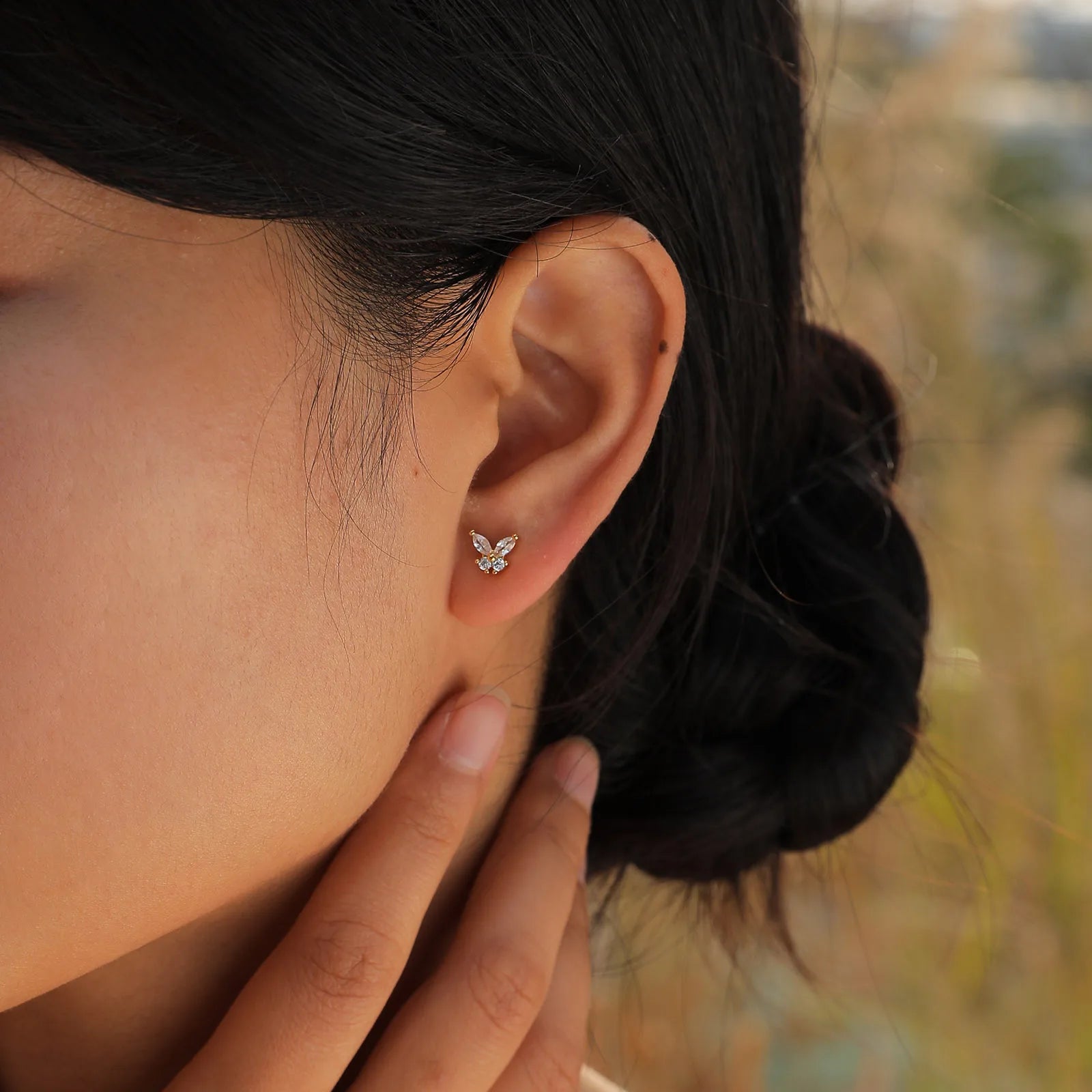 Bling CZ Stone Butterfly Stud Earrings for Women Girls, Trendy Gold Color Anti Allergy Metal Cubic Zirconia Ear Jewelry