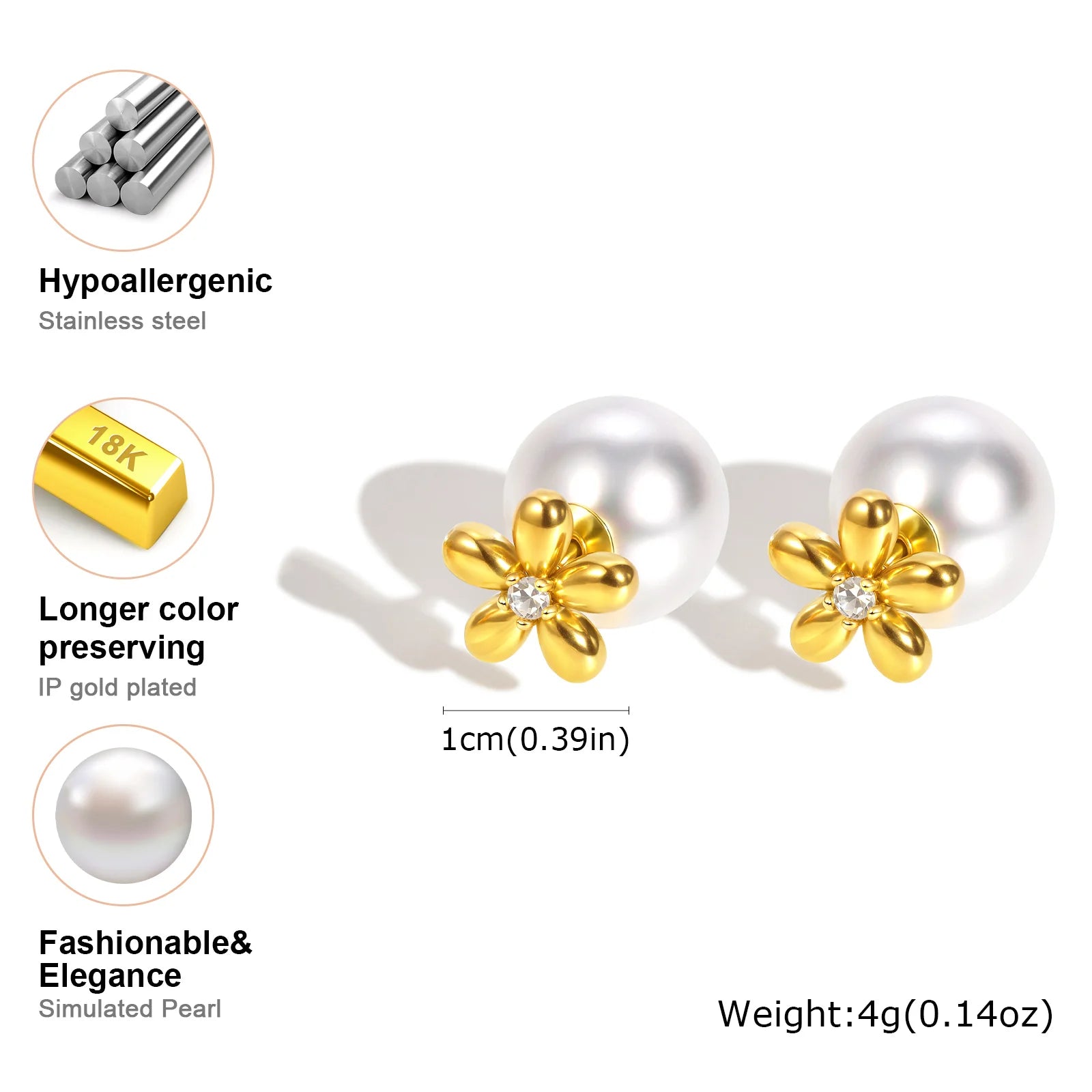 Elegant Zircon Flowers Imitation Pearl Stud Earrings for Women,Gold Color Stainless Steel Earrings,Fashion Jewelry Gifts