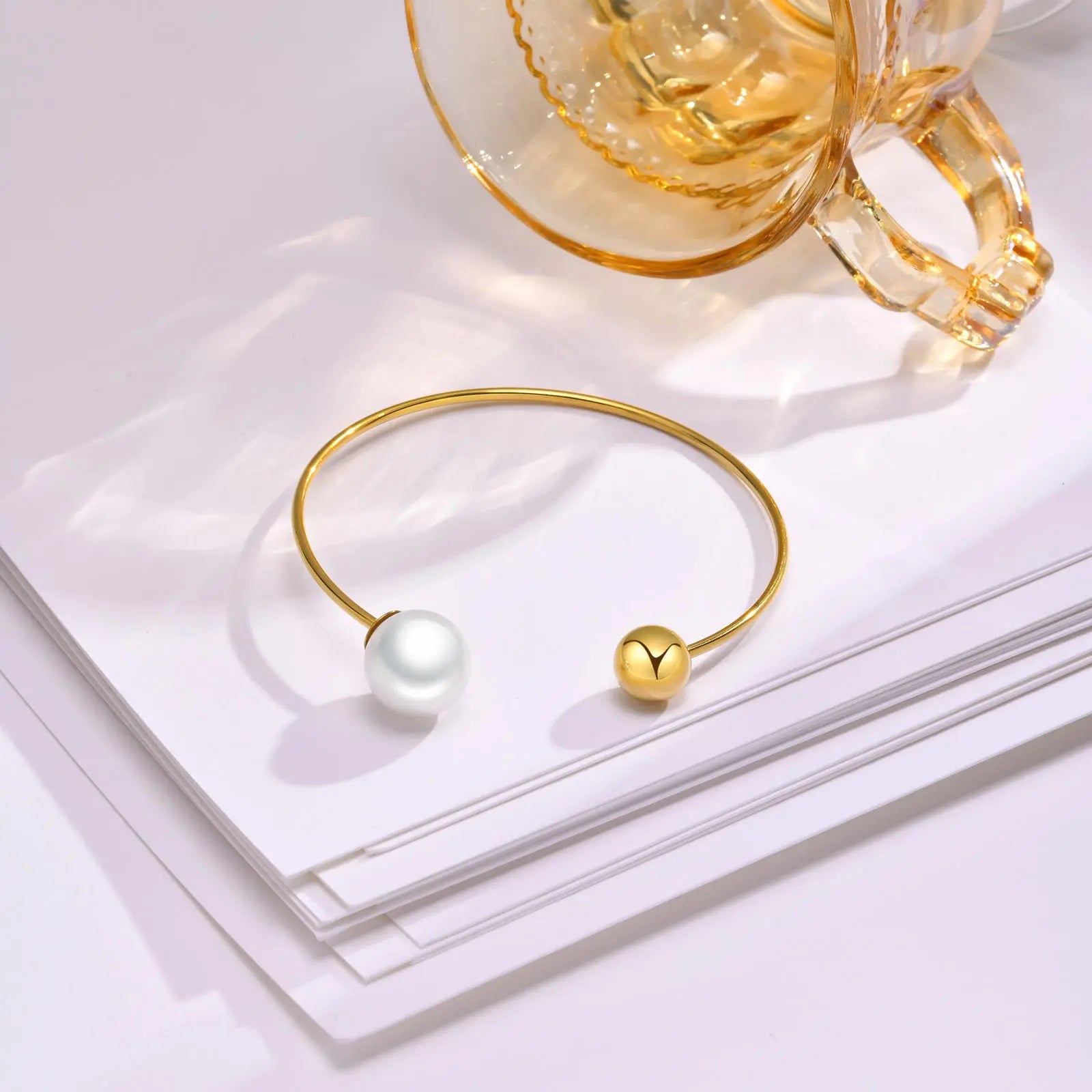 Women Trendy Cuff Bracelets, Gold Plated Stainless Steel Bangle Simulated Pearl Ball, Chic Minimalist Stylish Wristband Bracelet