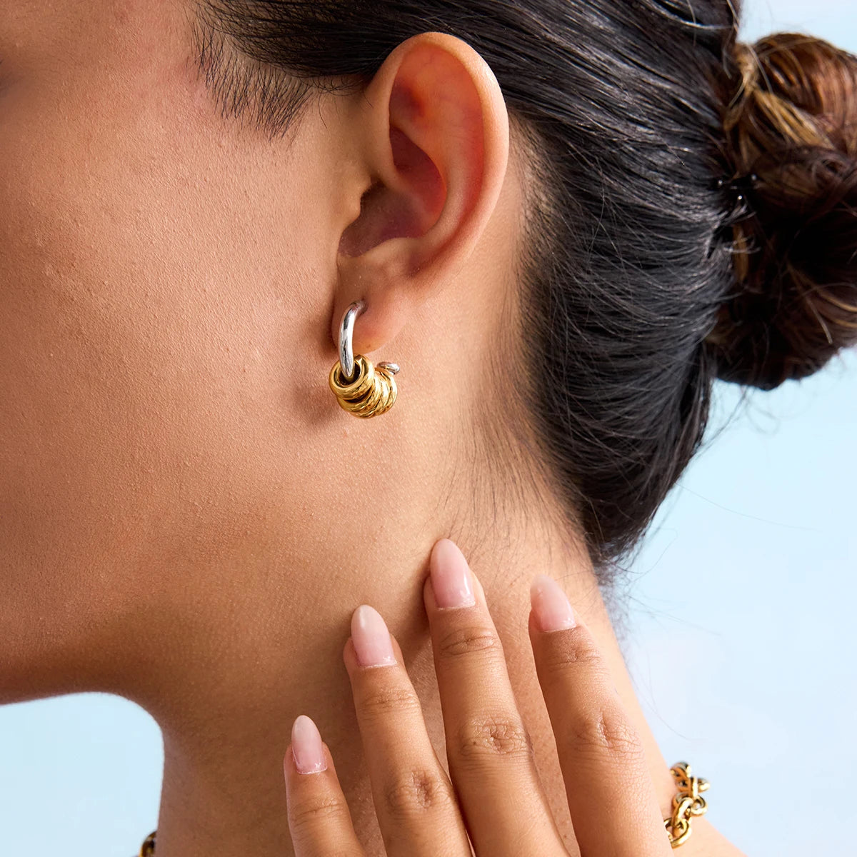 Uworld Simple Classic Two tone Multi ring C-shaped Hollow Earrings Stainless Steel Multi ring Earrings Women's Accessories Party