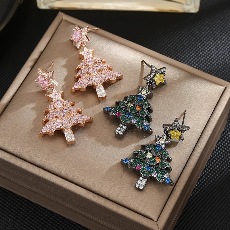 New Sweet Pink Christmas Tree Earring for Women Full Rhinestone Sparkling Zircon Xmas Tree Dangle Earring New Year Party Jewelry