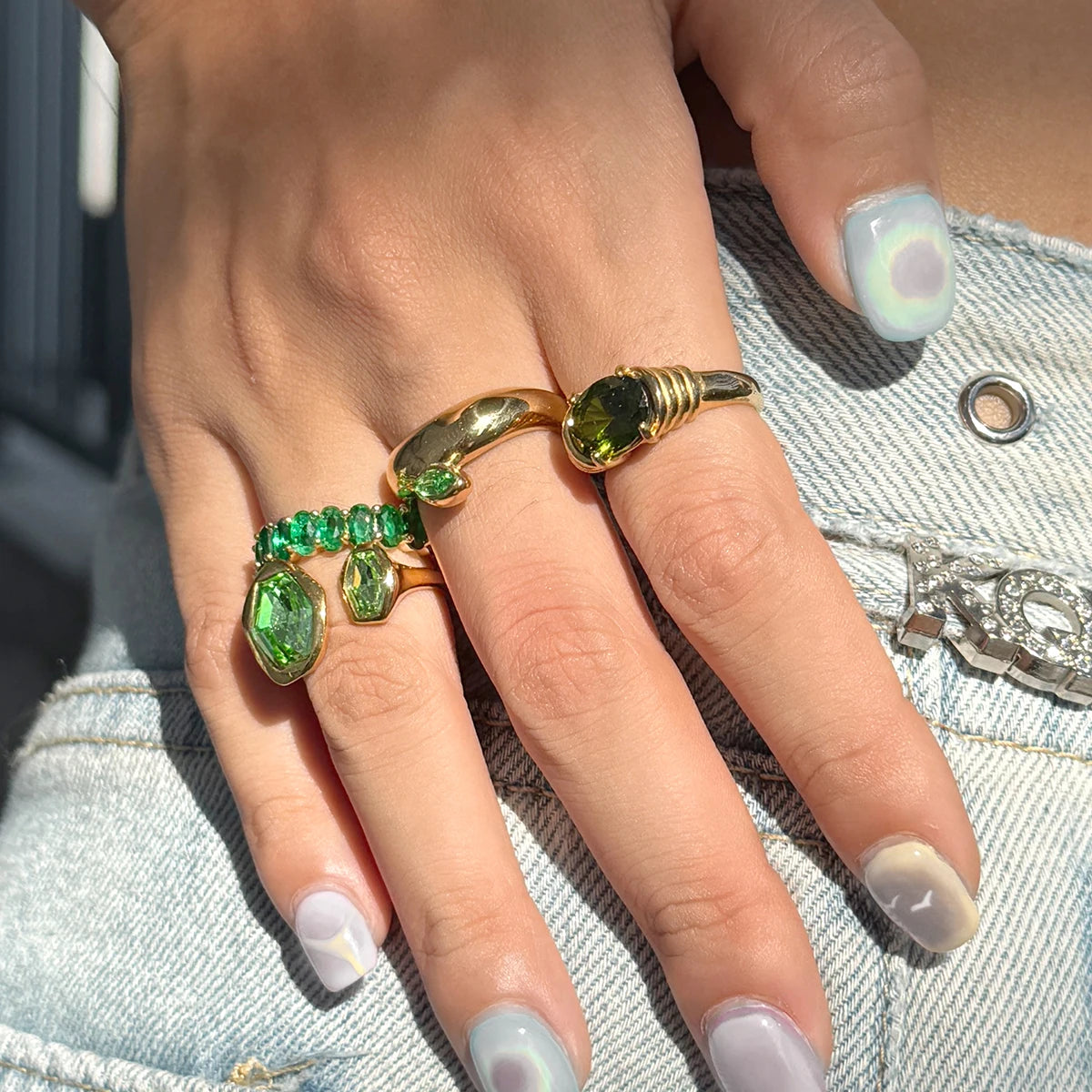 Uworld Fashion Y2k Blue Rhinestone Ring 18k Gold Color Plated Stainless Steel Stackable Asymmetric Ring Women's Jewelry Party Gi