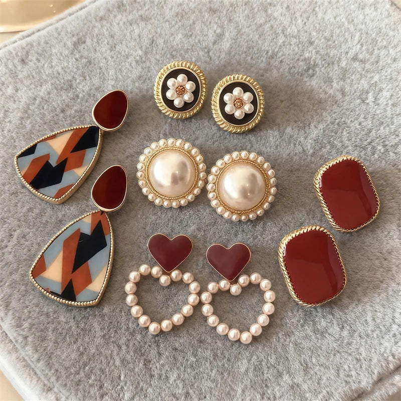 4/5 Pair Vintage Enamel Wine Red Metal Stud Earring Set For Women Fashion Pearl Flower Heart Geometric Square Earrings Jewelry