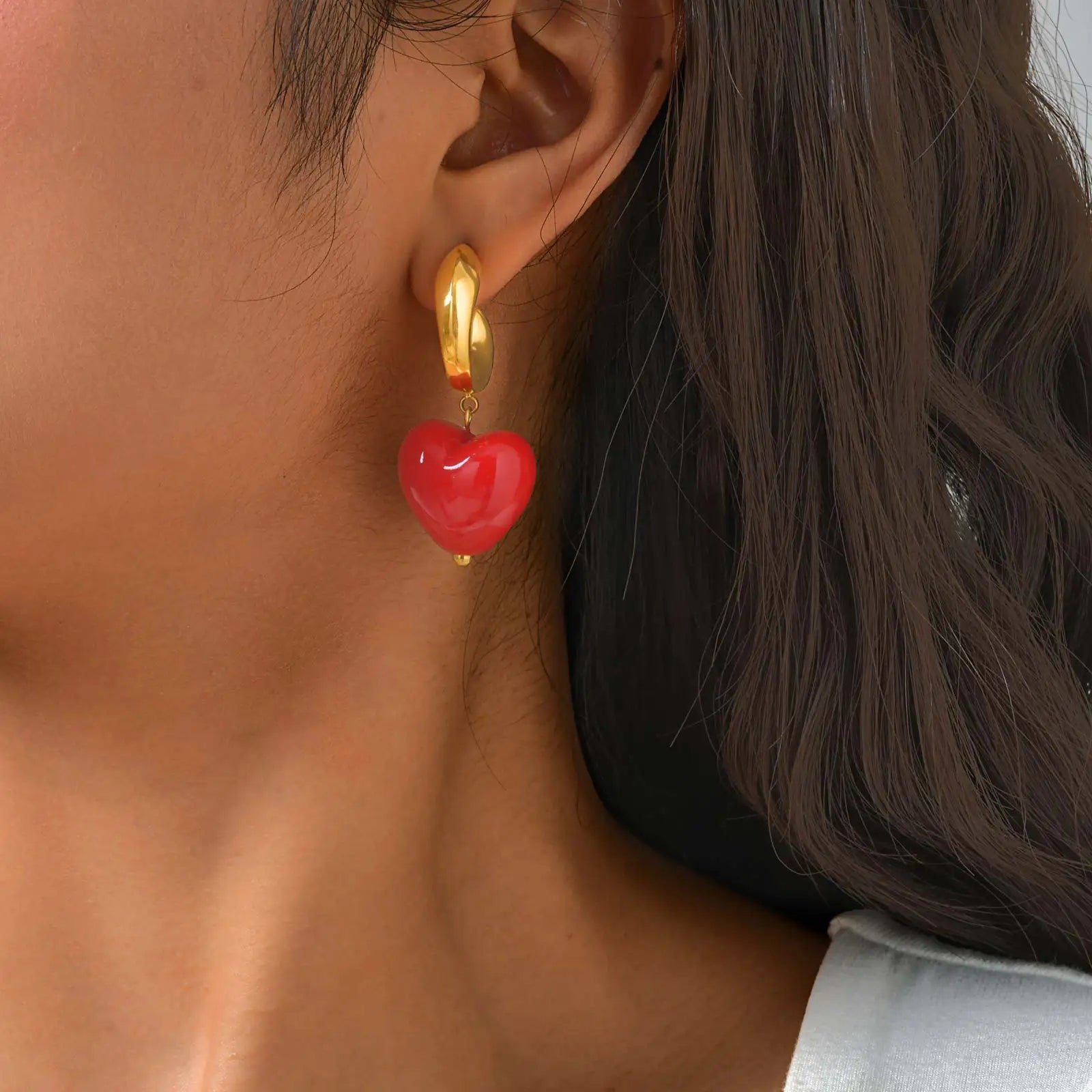 Fashion C-shaped Red Heart Earrings for Women,Gold Plated Stainless Steel Earrings,Classic Geometric Jewelry Gifts