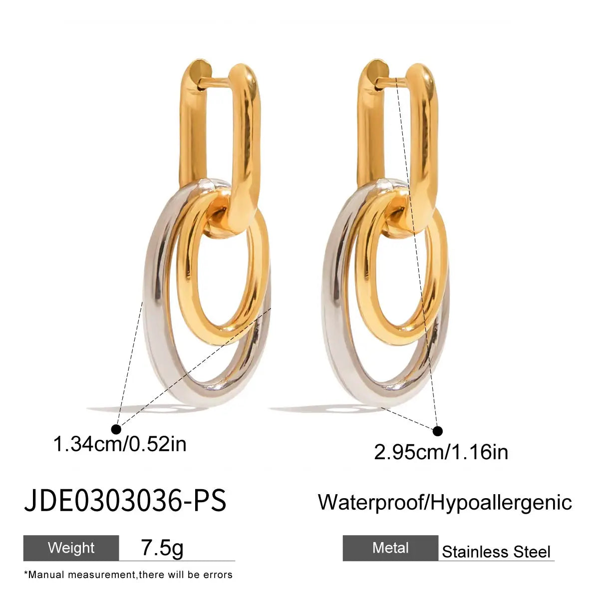 Uworld Minimalist Classic Two Tone Double Ring Hollow U-shaped Earrings 18K Gold Color Plated Stainless Steel Oval Link Earrings