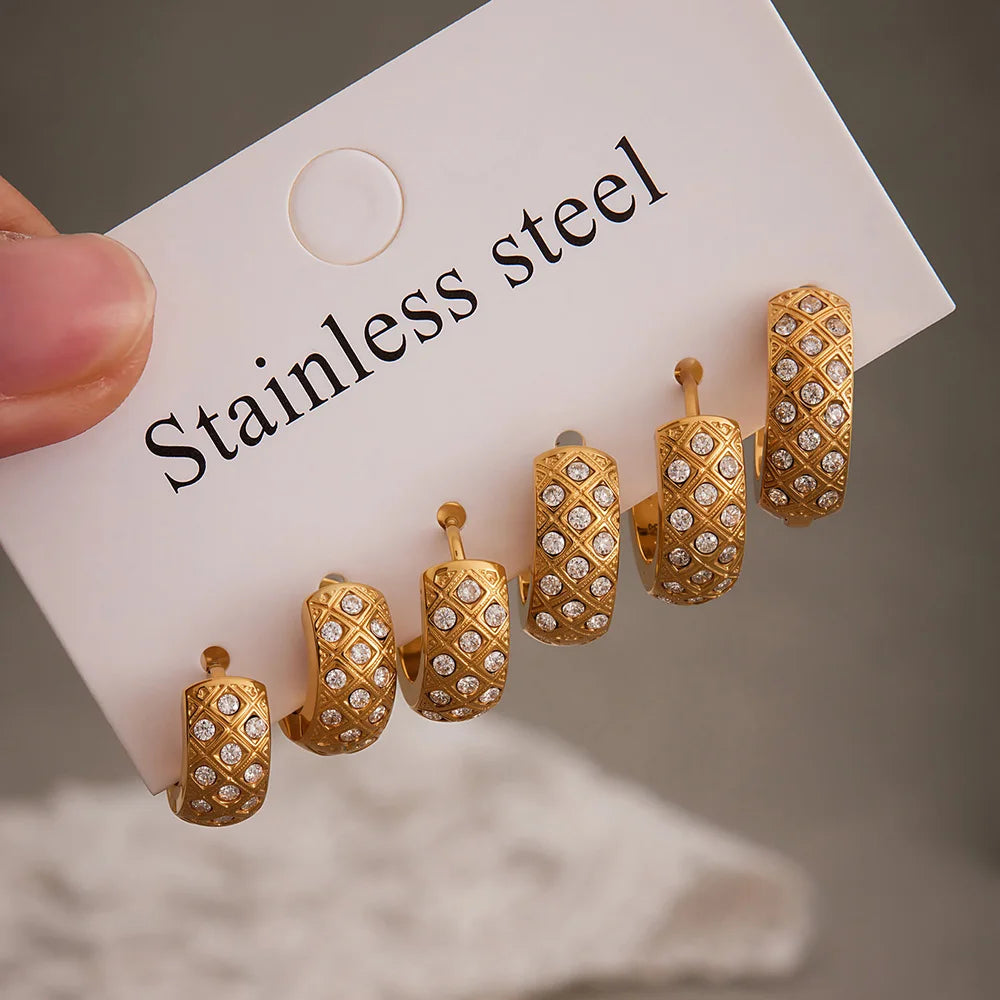 Nivora Stainless Steel Zircon Women Hoop Earrings Metal Texture PVD Gold Plated Hypoallergenic Wedding Banquet Earrings Jewelry