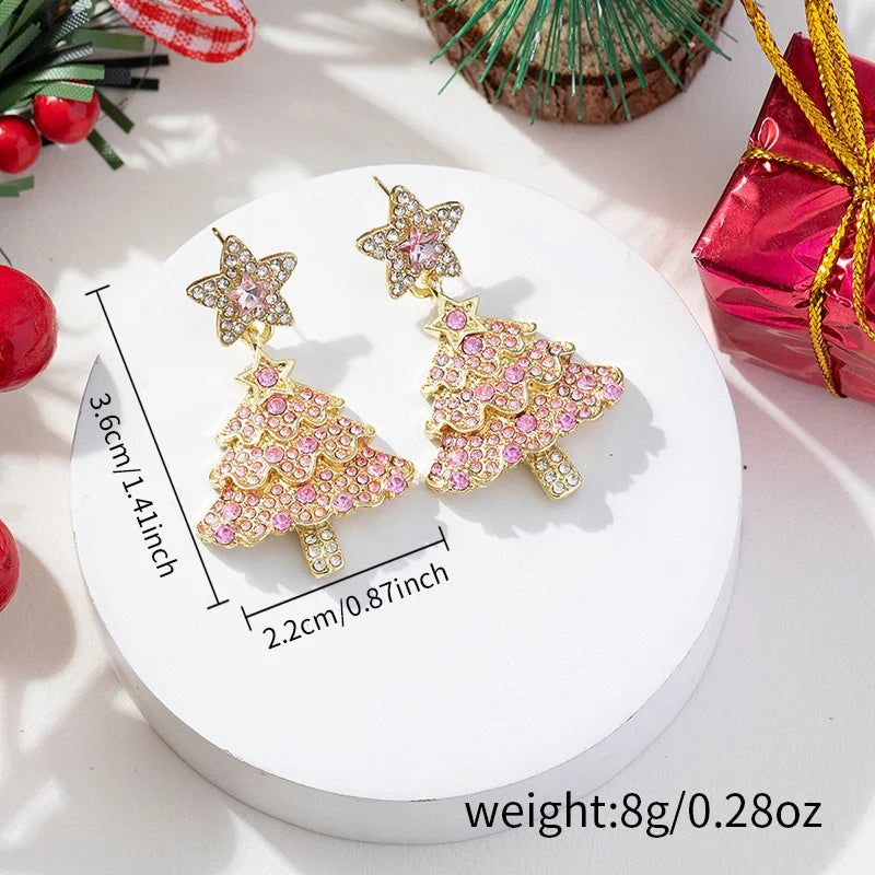 New Sweet Pink Christmas Tree Earring for Women Full Rhinestone Sparkling Zircon Xmas Tree Dangle Earring New Year Party Jewelry