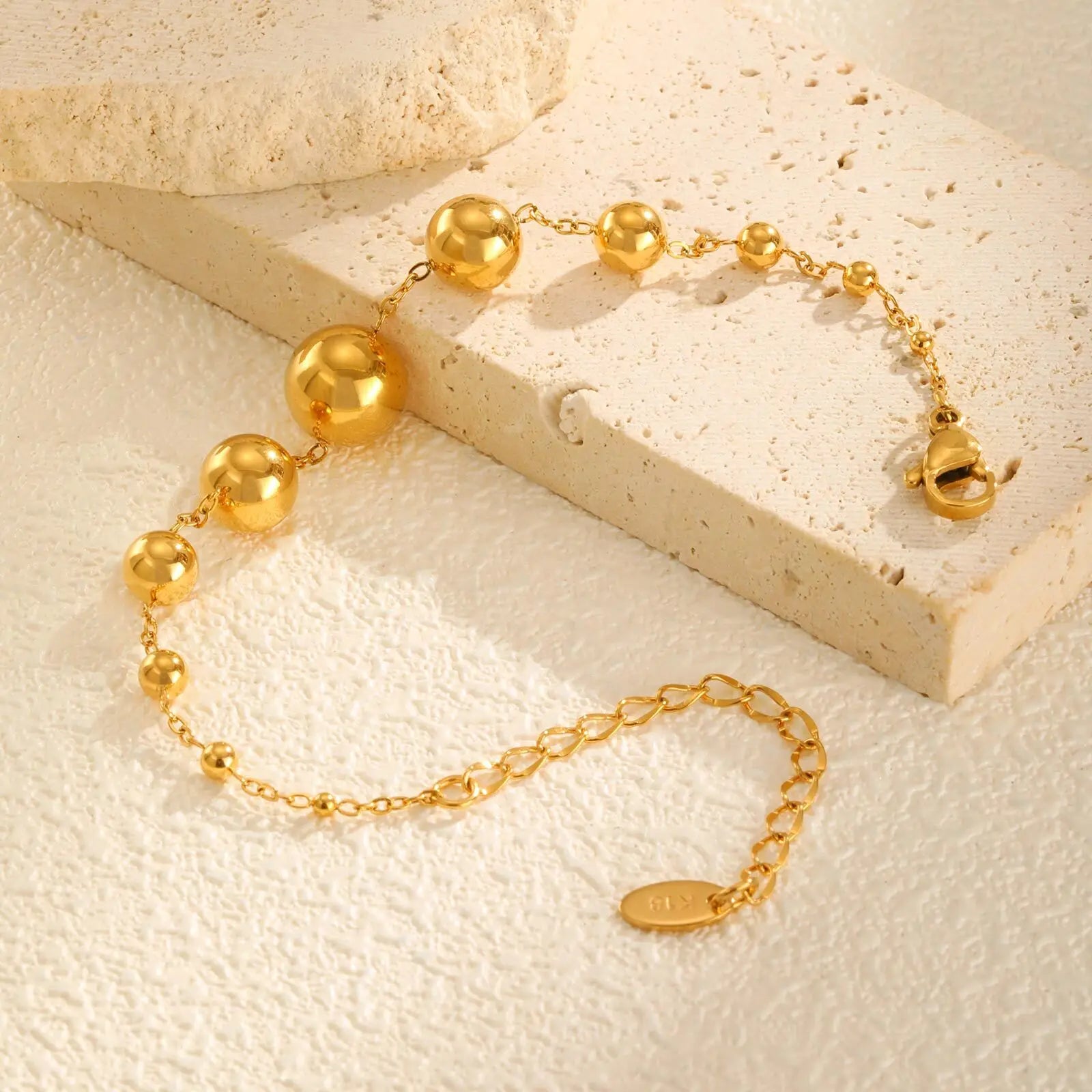 Stainless Steel Round Ball Beads Chain Bracelet for Women, 18K PVD Gold Plated Statement Waterproof Hand Wrist Jewelry