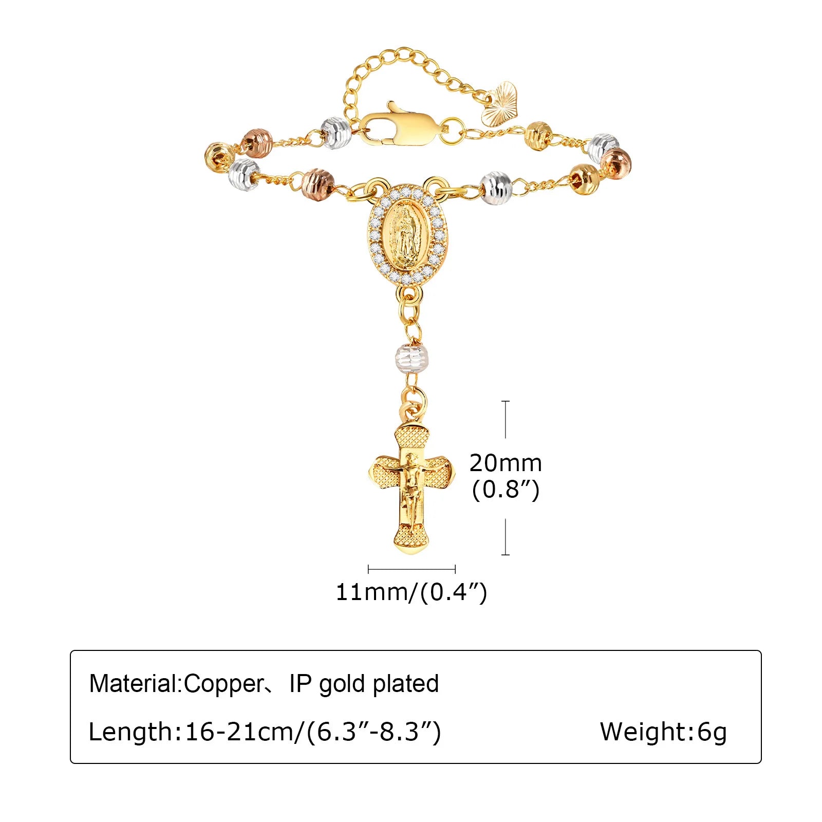 Virgin Mary Rosary Bead Cross Bracelet for Women, Tri-color Adjustable Chaiin Virgin of Guadalupe Bracelet Jewelry Gift