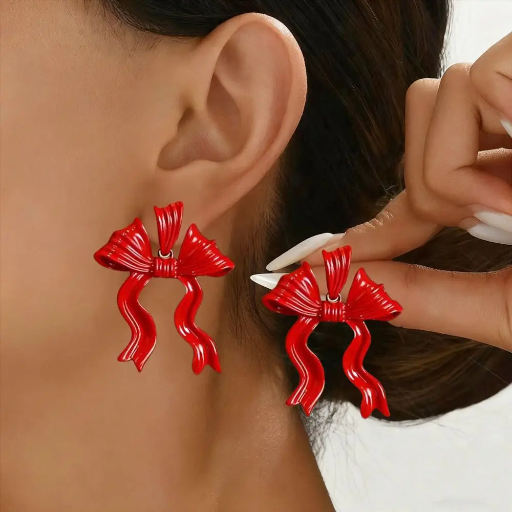 Retro Red Bowknot Stud Earrings for Women Girls Simple Knots Ballet Ribbon Piercing Earring Party Aesthetics Ear Jewelry Gifts