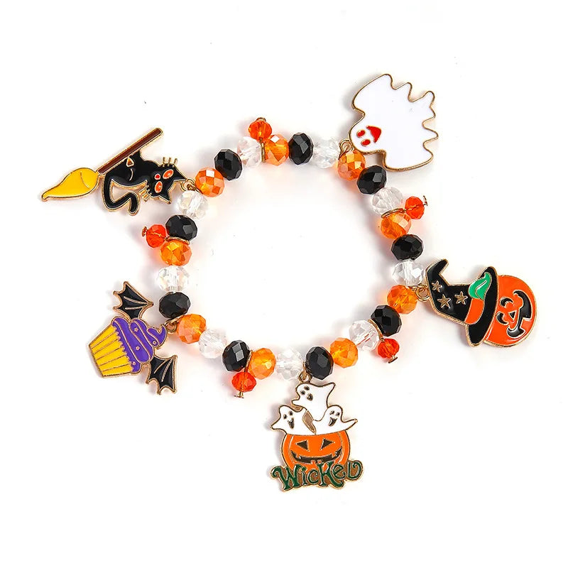 Funny Halloween Crystal Beaded Bracelet for Women Cartoon Pumpkin Black Bat Ghost Spider Web Beads Bracelets Party Jewelry Gift