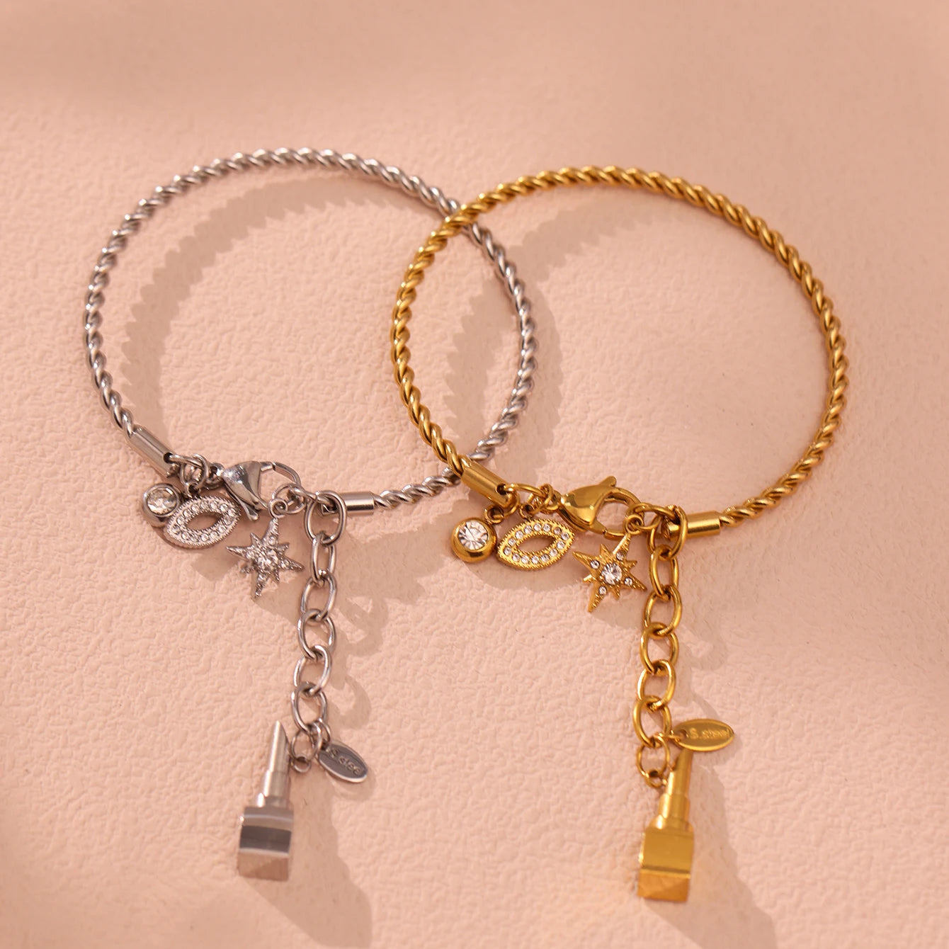 Nivora Fashion Lipstick Star Pendant Bangle For Women Stainless Steel Twistedwire Zircon Wedding Bangle Bracelet Casting Jewelry