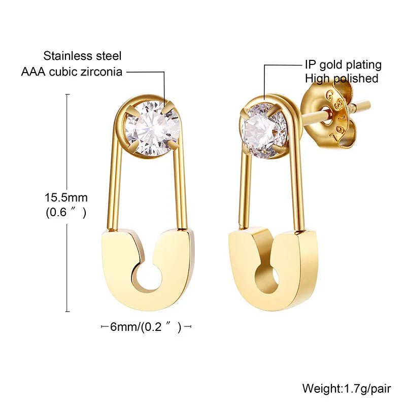 Minimalist Safety Pin Earrings, Gold Plated CZ Leverback Earrings for Women, Hypoallergenic Pierced Ear Jewelry