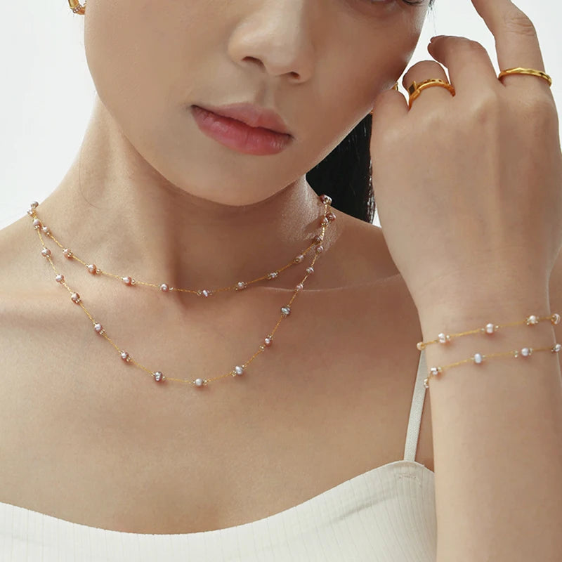 Nivora Exquisite Pink Freshwater Pearl Necklace Bracelets For Women Stainless Steel Beads Chain Charm Handmade Jewelry Set